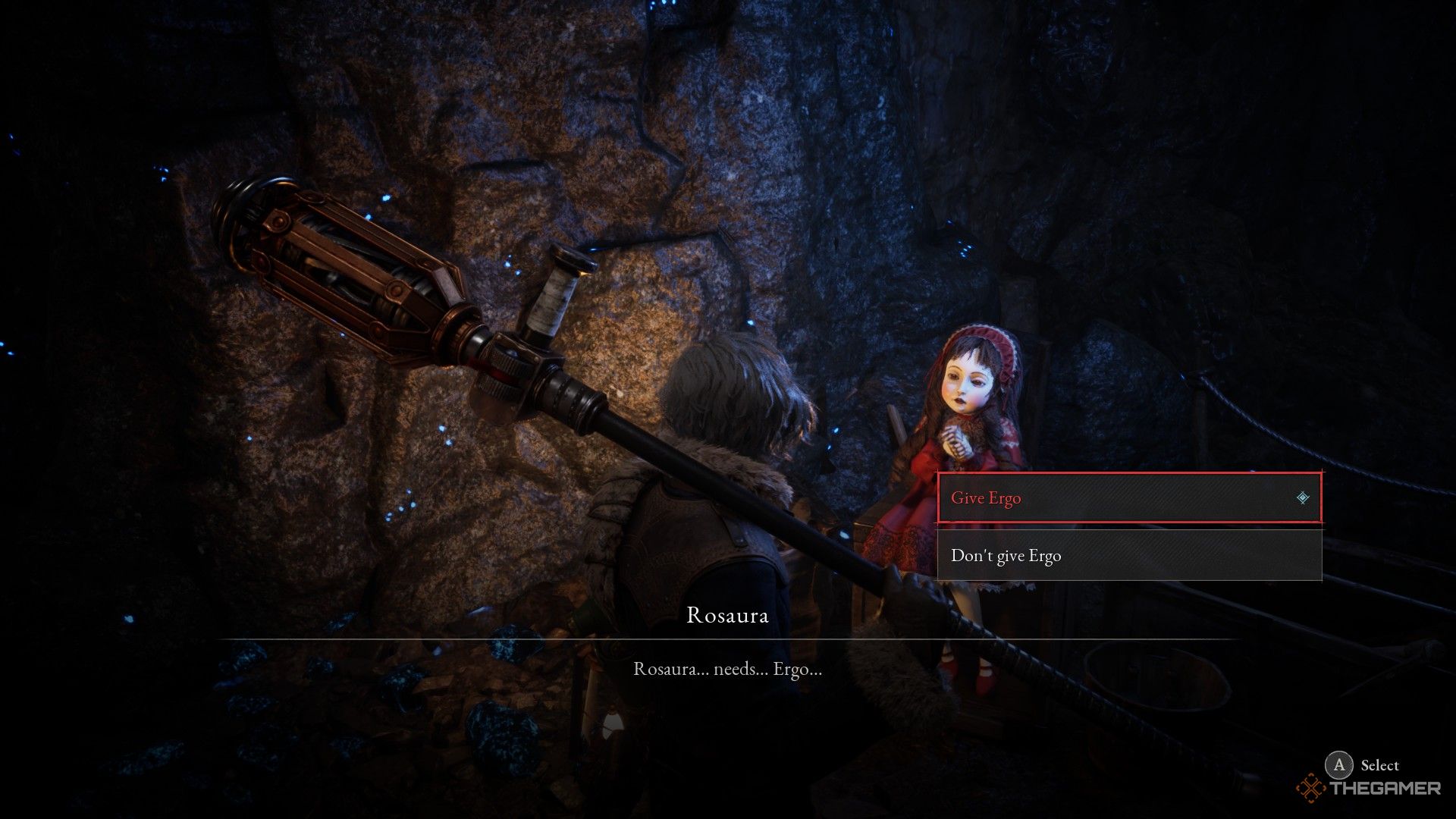 The player chooses to give Rosaura some Ergo in Lies of P: Overture.