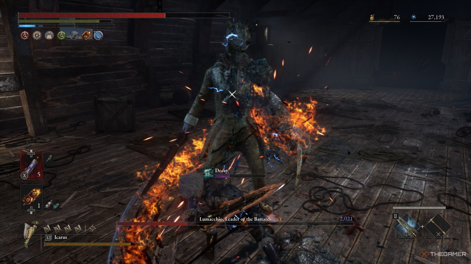Player uses a flaming sword to attack Monster Lumacchio in Lies of P: Overture.
