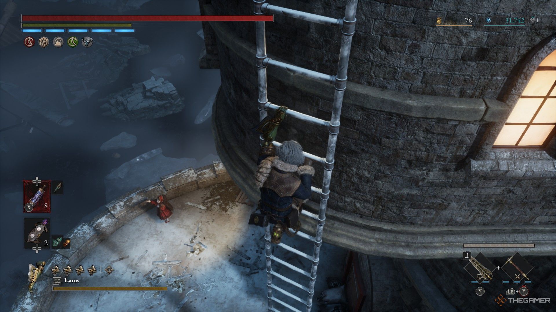 Player descends a ladder to spy Rosaura at the base in Lies of P: Overture.