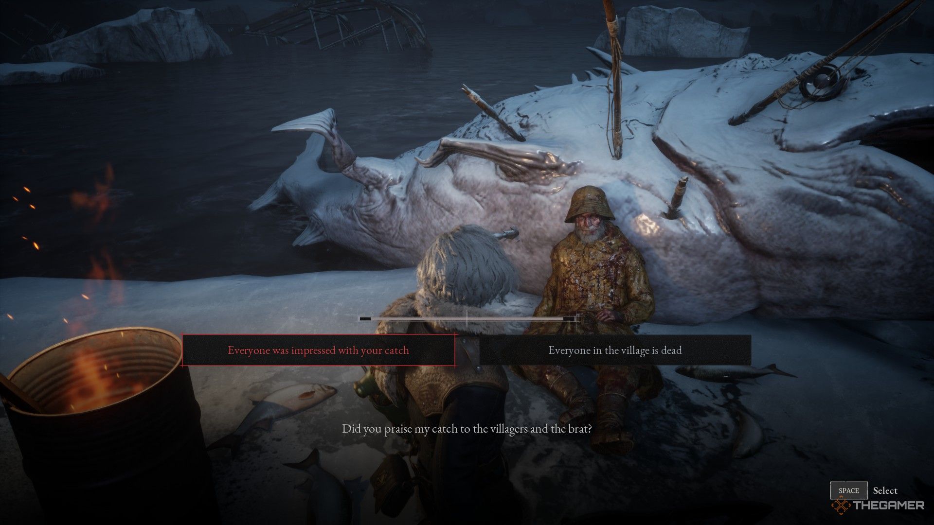 Player decides to tell Salao the truth or lie about the fishing village in Lies of P: Overture.