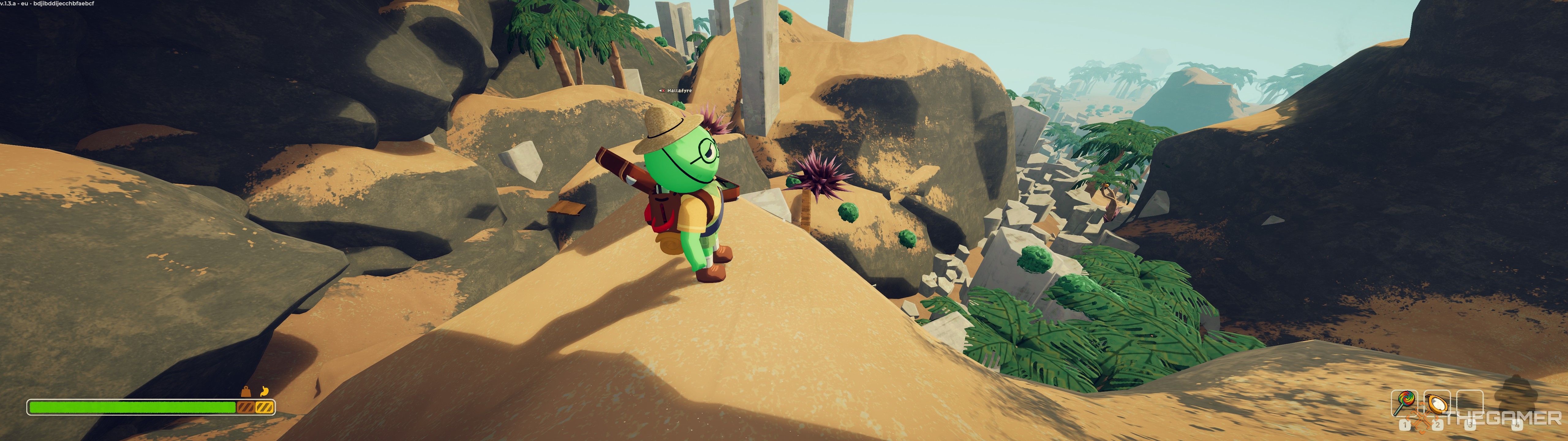 Player wearing a backpack in Peak.