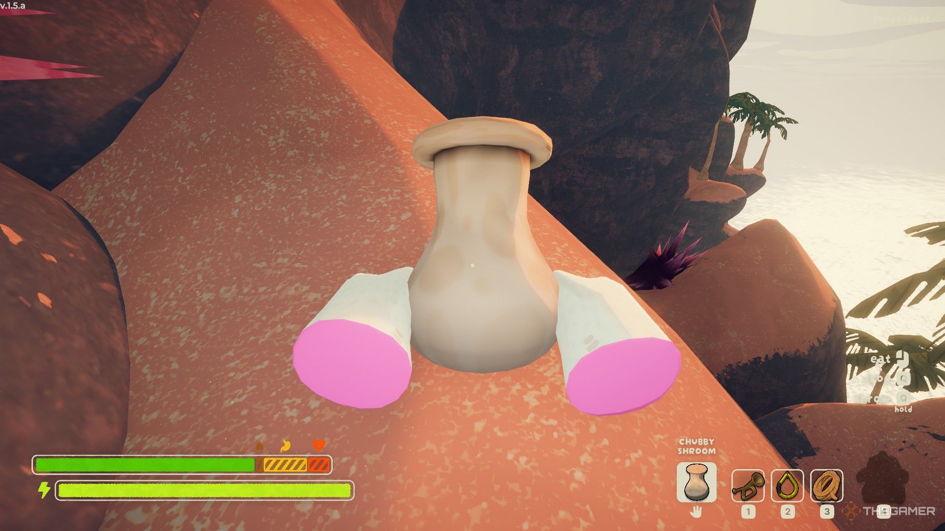 A player holding a chubby mushroom in Peak.