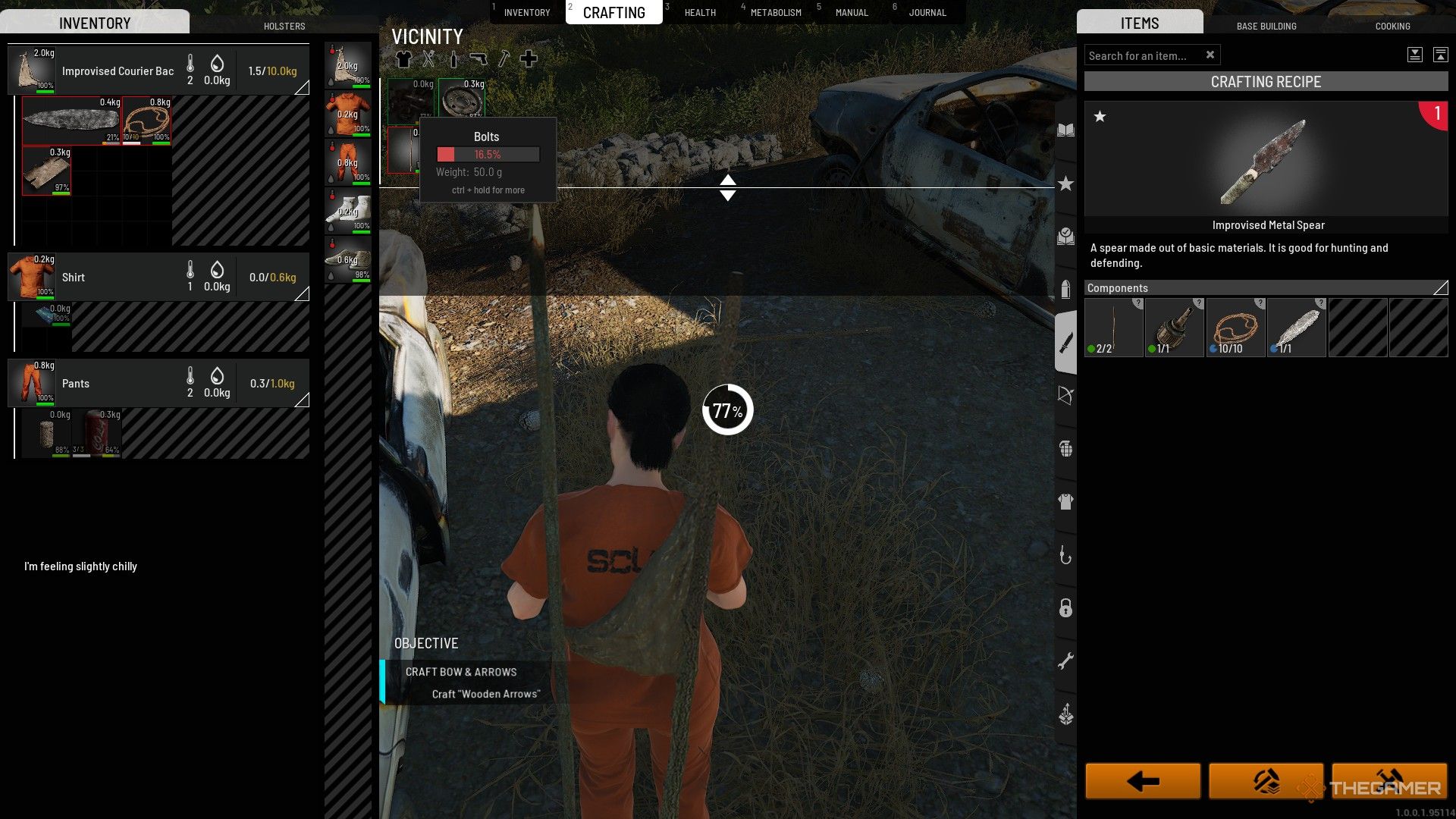 a prisoner crafts a metal spear from parts stripped out of a car in scum.