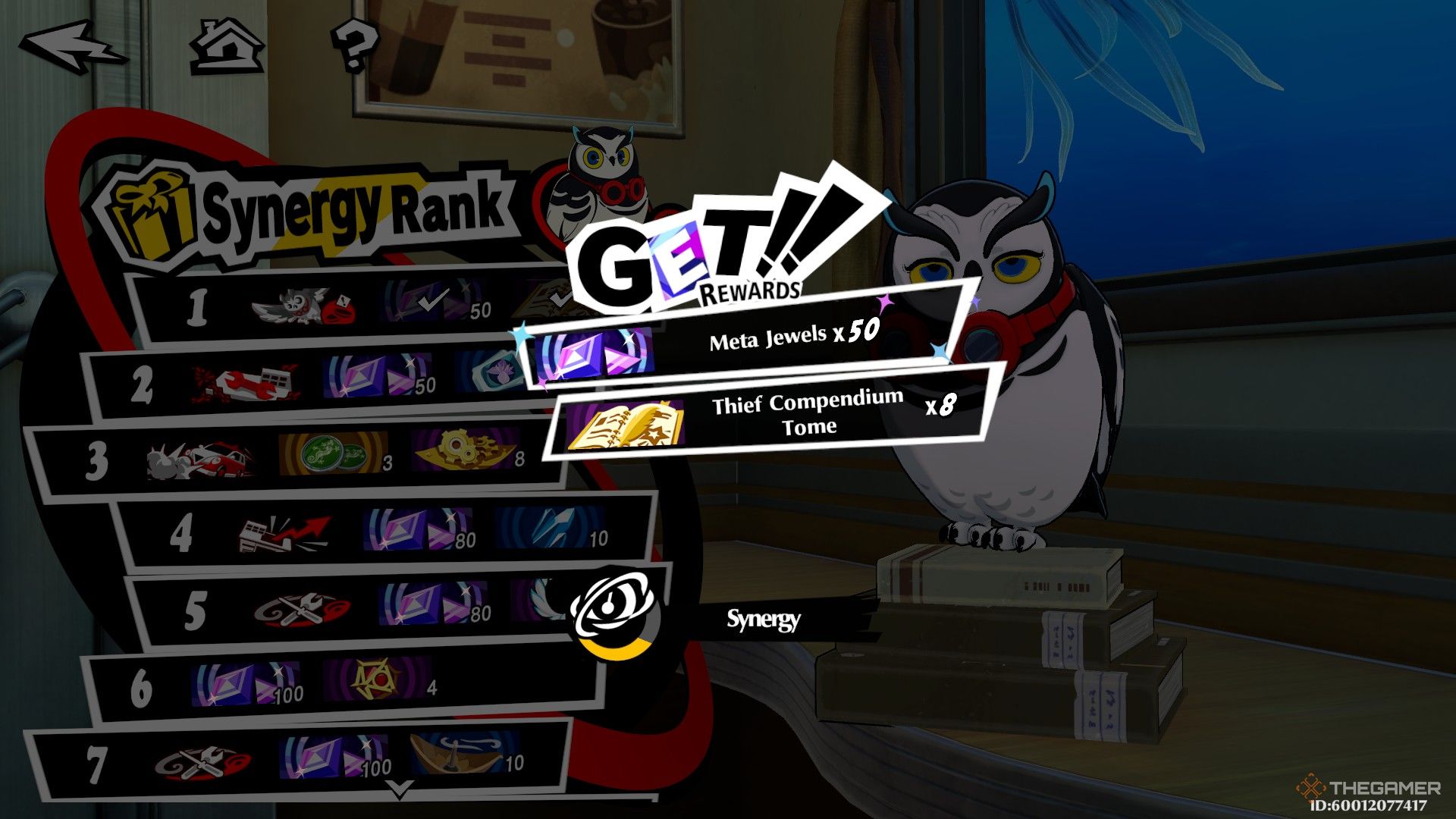 Pop-up showing Meta Jewels and Thief Compendium Tomes obtained by raising Lufel's Synergy Rank in Persona 5: The Phantom X.