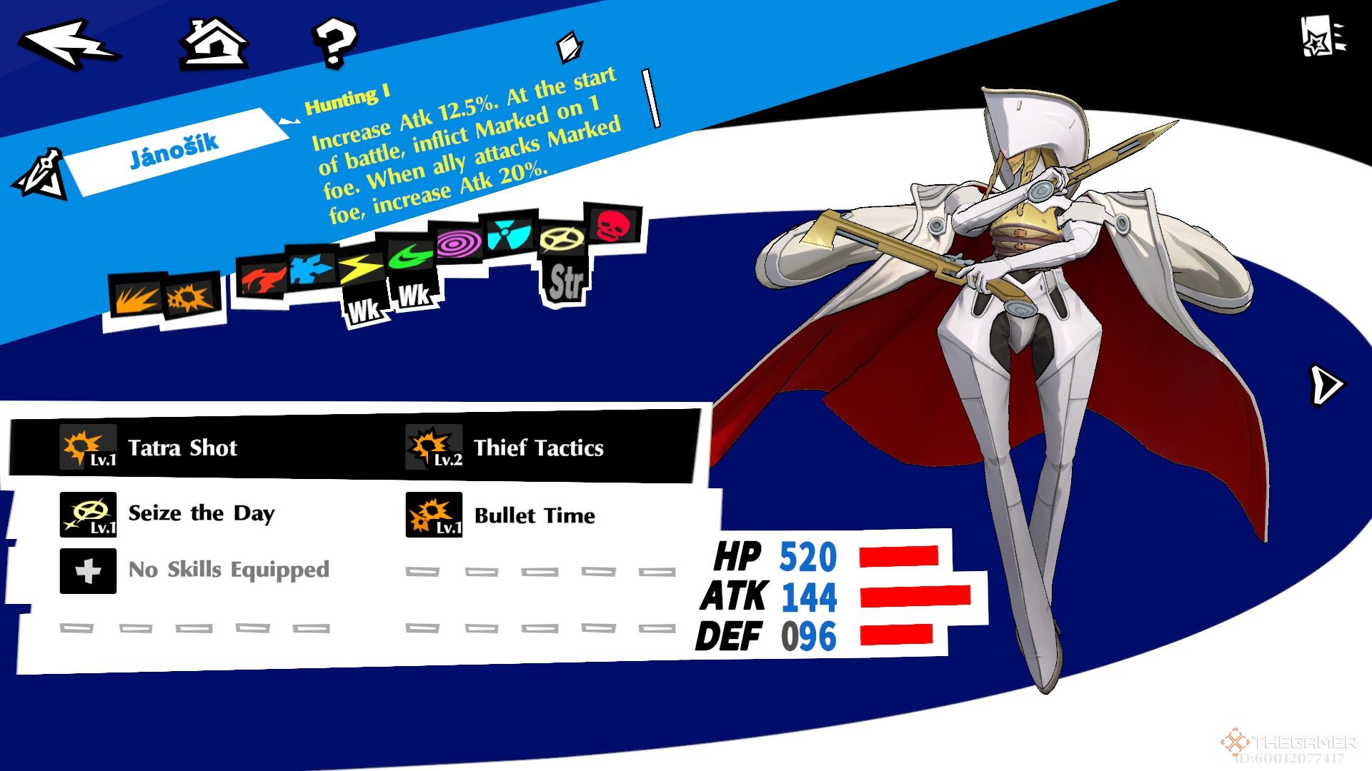 Janosik, a large white humanoid with two guns, standing to the left of a list their skills in Persona 5: The Phantom X.