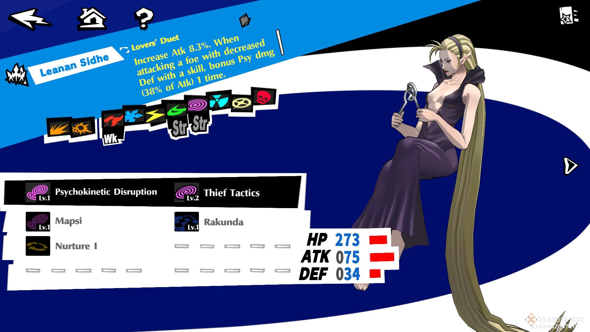Leanan Sidhe, a persona with long blond hair and a black dress, floating next to a menu that shows her skills in Persona 5: The Phantom X.