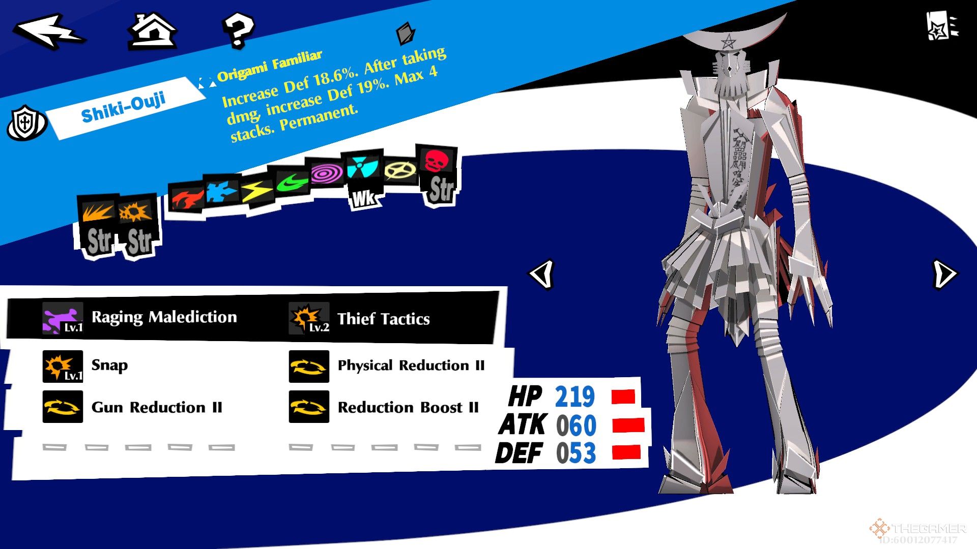 Shiki-Ouji, a tall humanoid figure made out of red and white paper, standing next to a menu listing their skills in Persona 5: The Phantom X.
