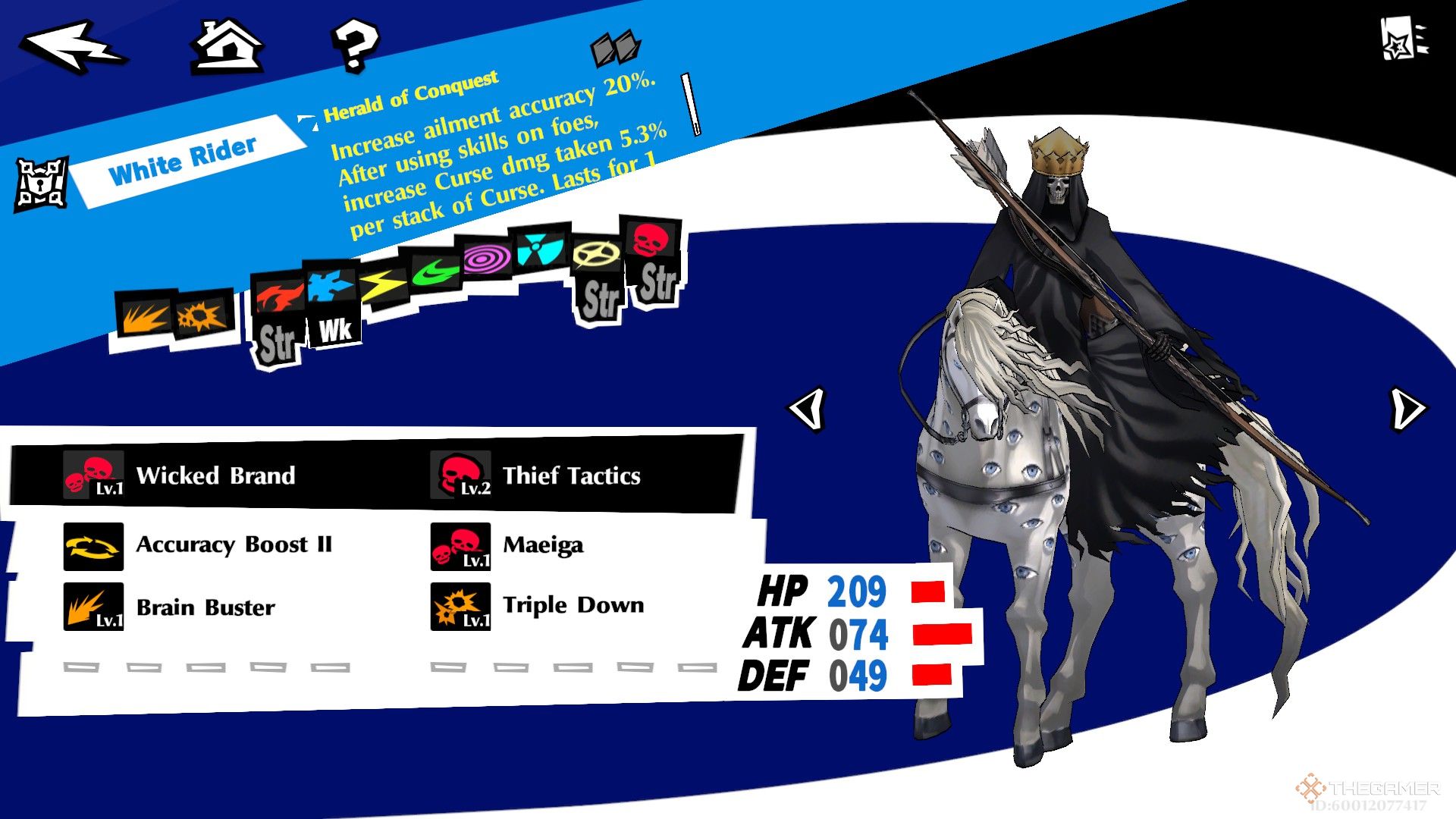 White Rider, a skeleton in a cloak riding a white horse, floating next to a menu showing their skills in Persona 5: The Phantom X.