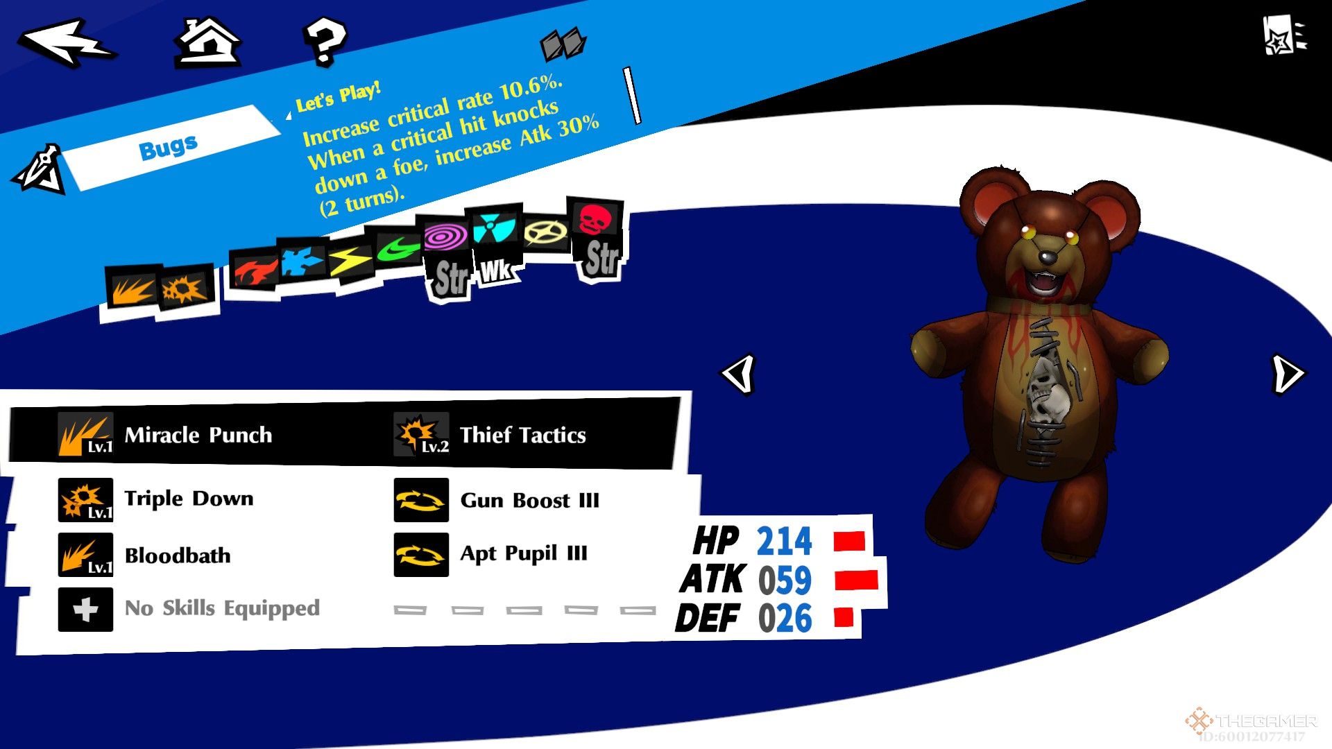 Bugs, a large bloody teddy bear with skeletons in its chest, floating next to a menu showing its skills in Persona 5: The Phantom X.