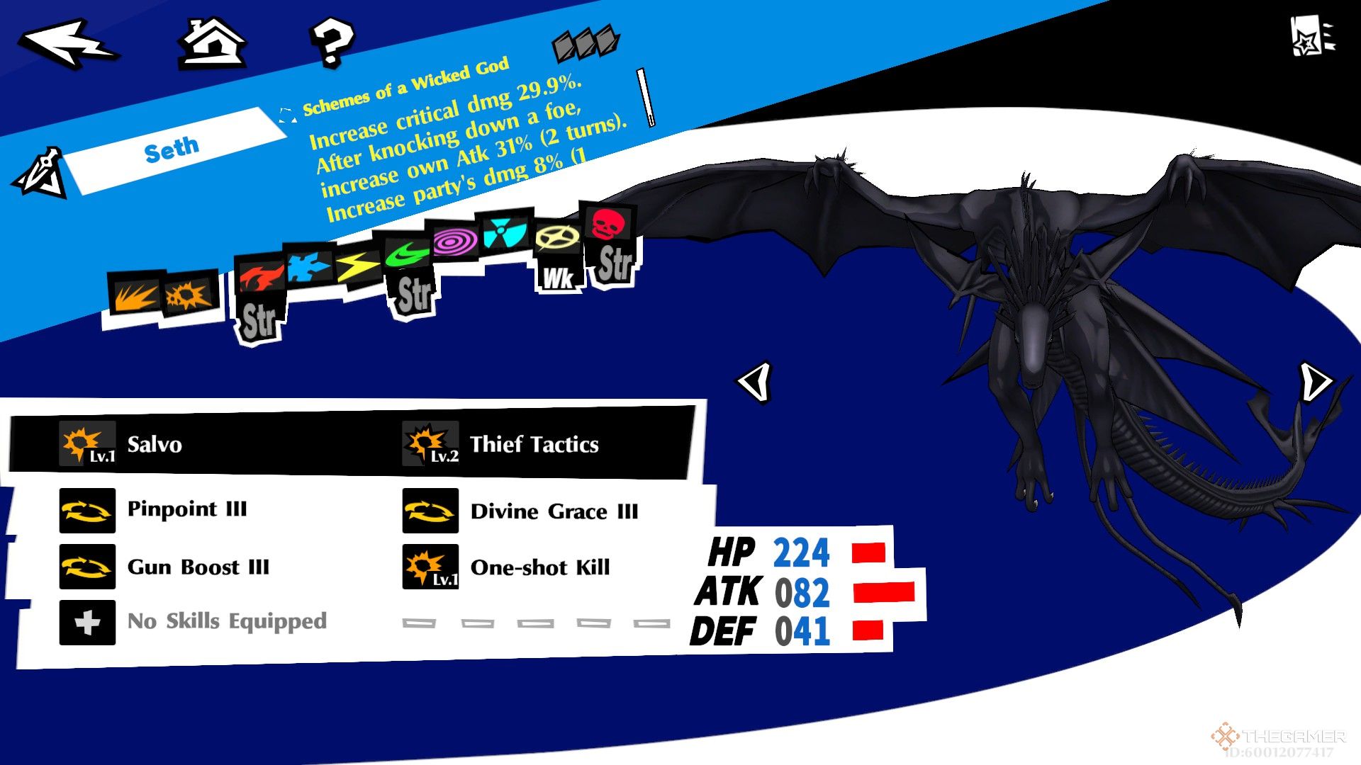 Seth, a large black dragon with multiple wings, floating next to a menu with their available skills in Persona 5: The Phantom X.