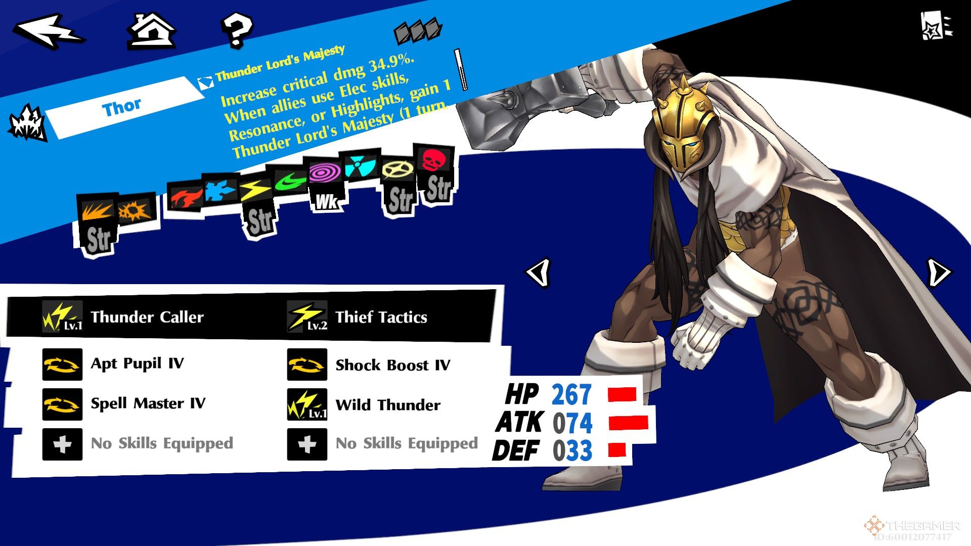 Thor, a dark-skinned man in armor with a large hammer, posing next to a menu with his available skills in Persona 5: The Phantom X.
