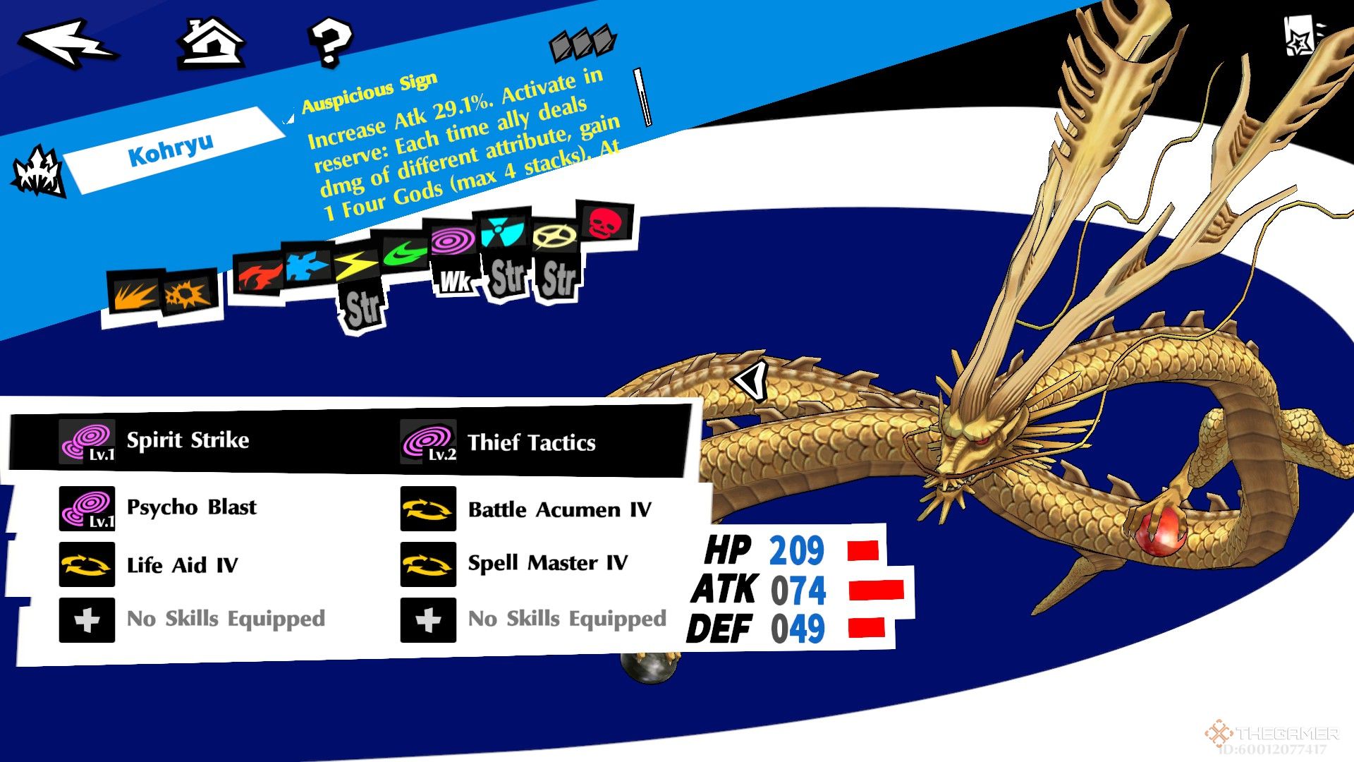 Kohryu, a large, golden dragon holding different orbs, floating next to a menu showing its available skills in Persona 5: The Phantom X.