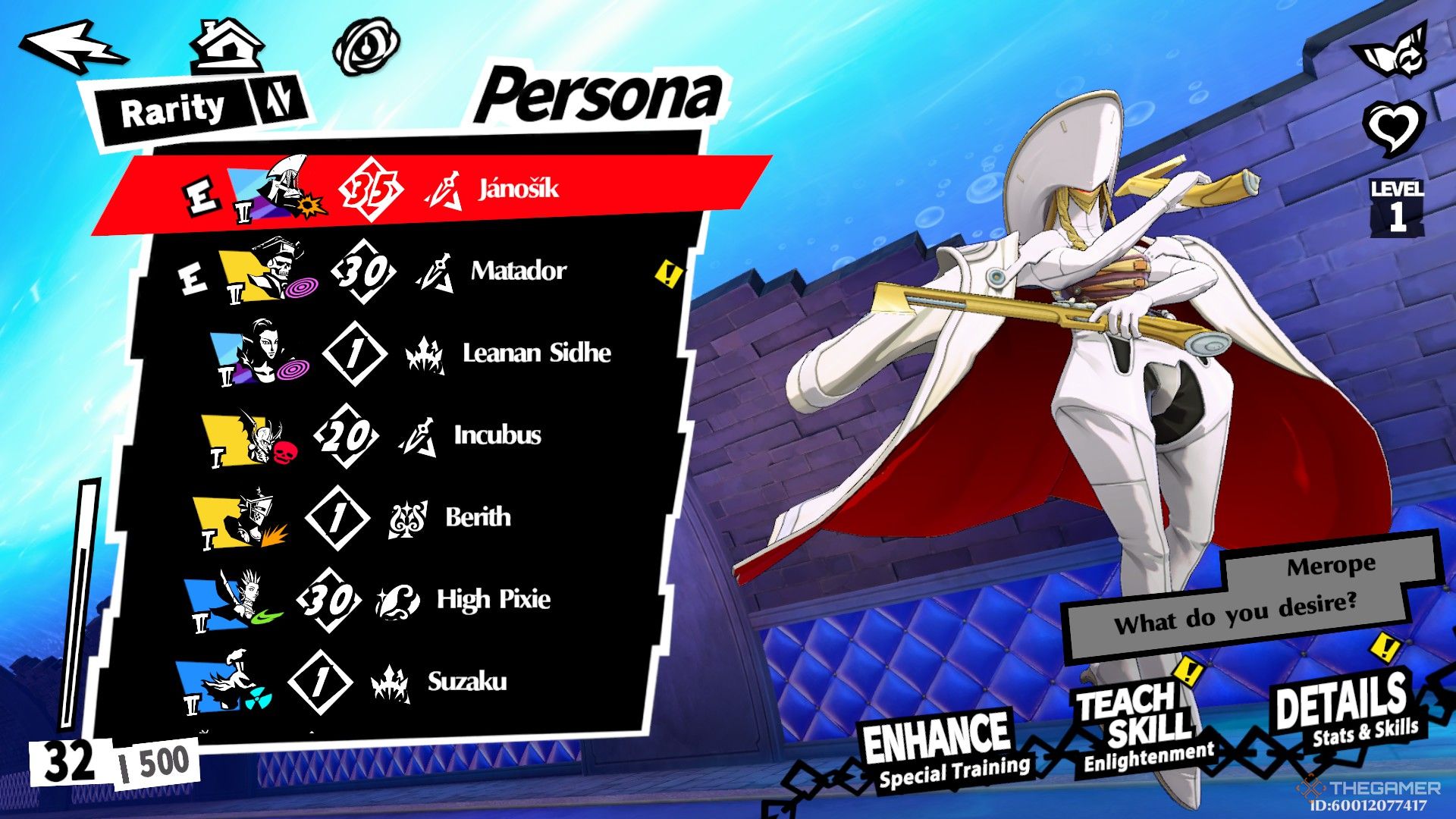 Janosik floating to the left of a large black and white menu showing a list of Personas and options to enhance them in Persona 5: The Phantom X.