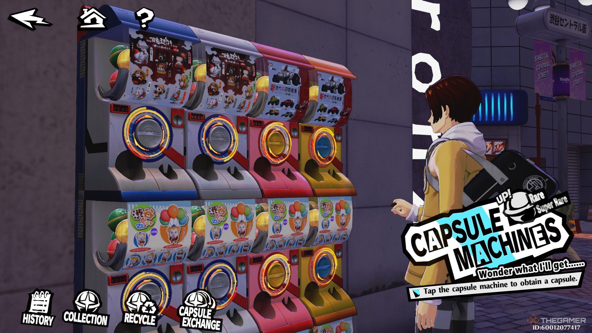 Player character standing in front of six colorful capsule machines with menu buttons in the corners in Persona 5: The Phantom X.