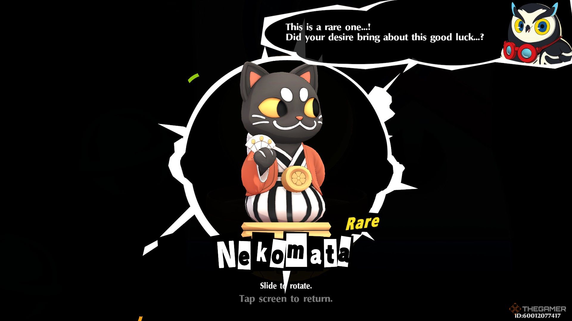 Capsule figure of a cat wearing a kimono and holding a fan against a black background and text saying its name and rarity in Persona 5: The Phantom X.