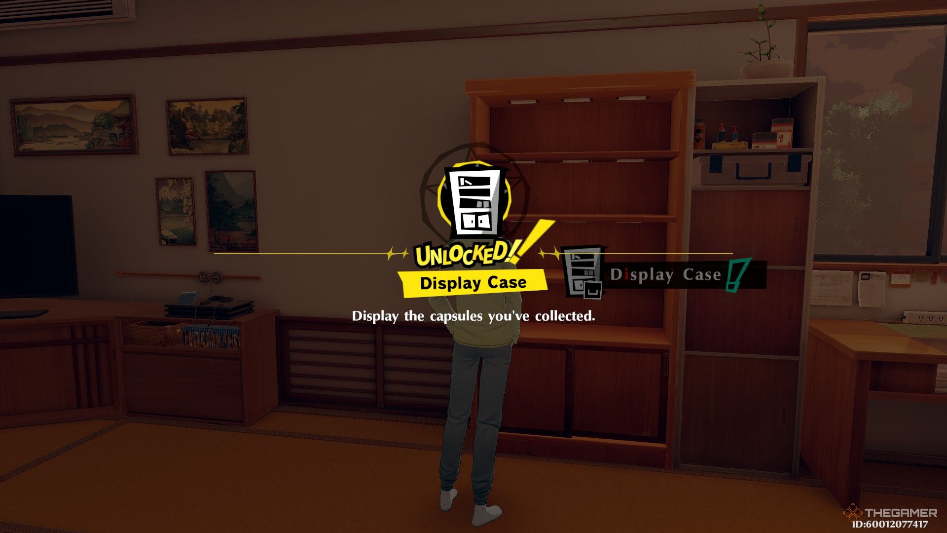 Player character standing in front of a display case in their room with a pop up saying they unlocked it in Persona 5: The Phantom X.