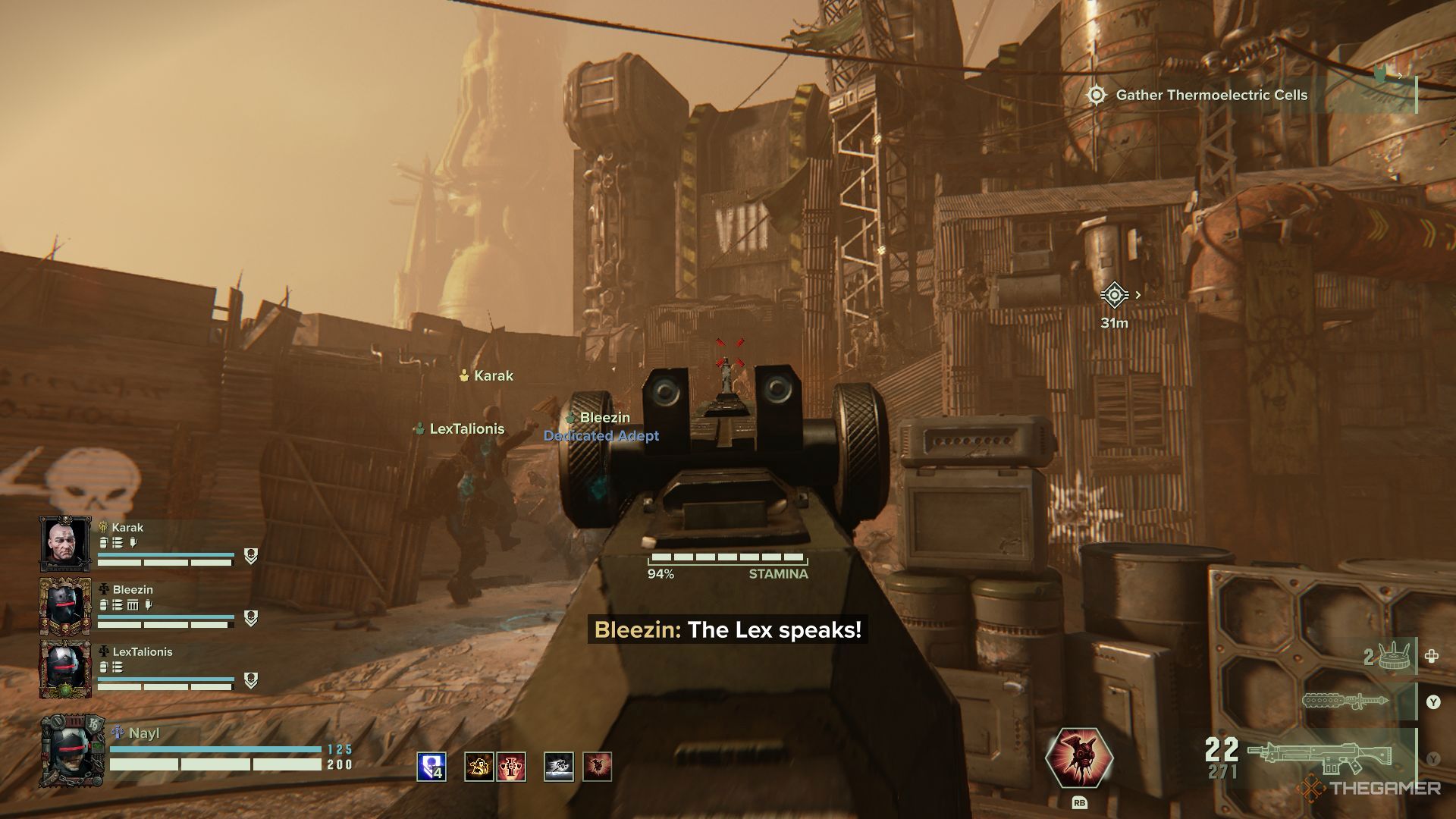 Aiming down the sights of an autogun as an arbiter in Warhammer 40,000: Darktide.