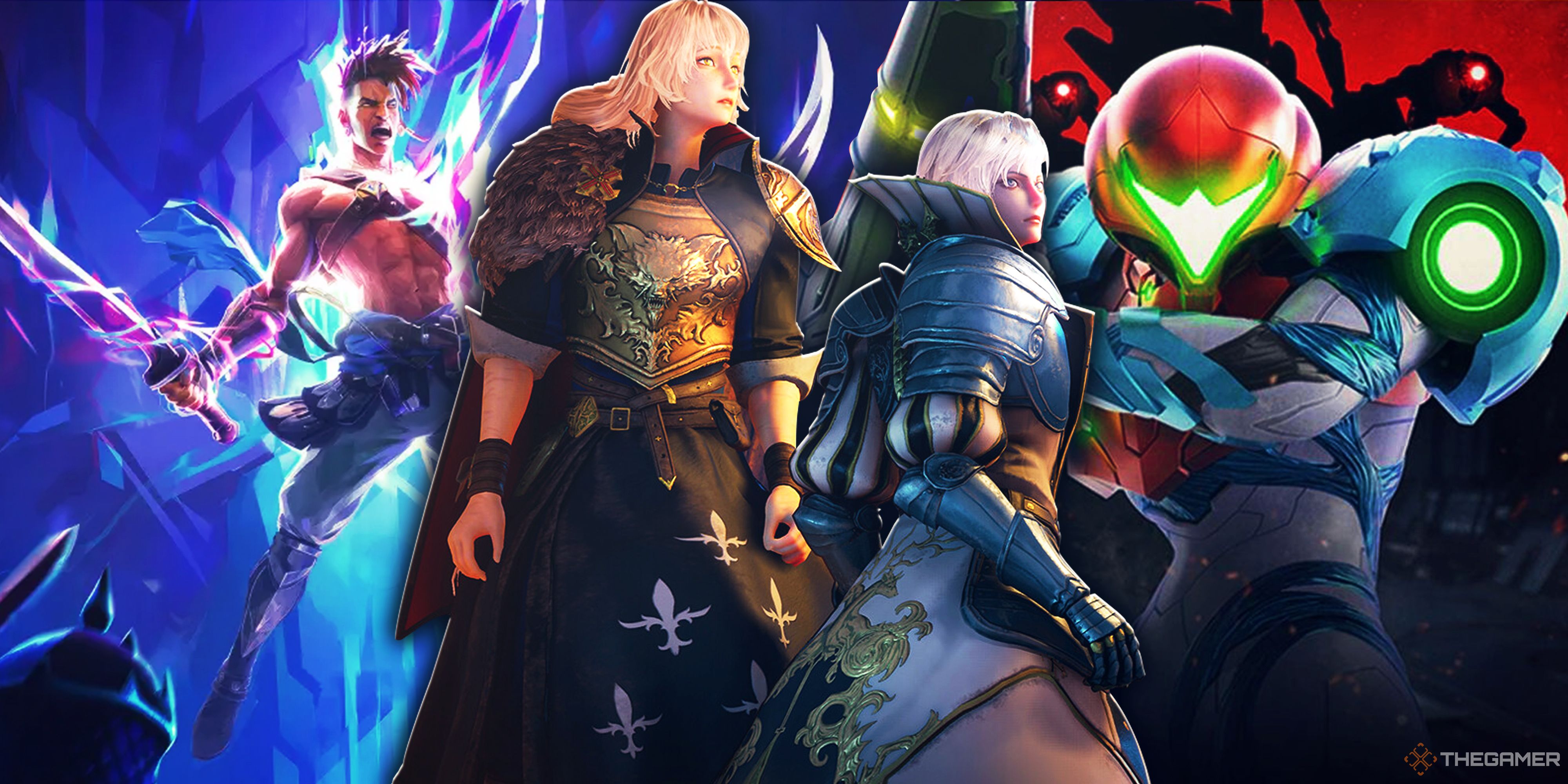 Collage image with characters from Prince of Persia: The Lost Crown, Bloodstained: The Scarlet Engagement, and Metroid Dread.