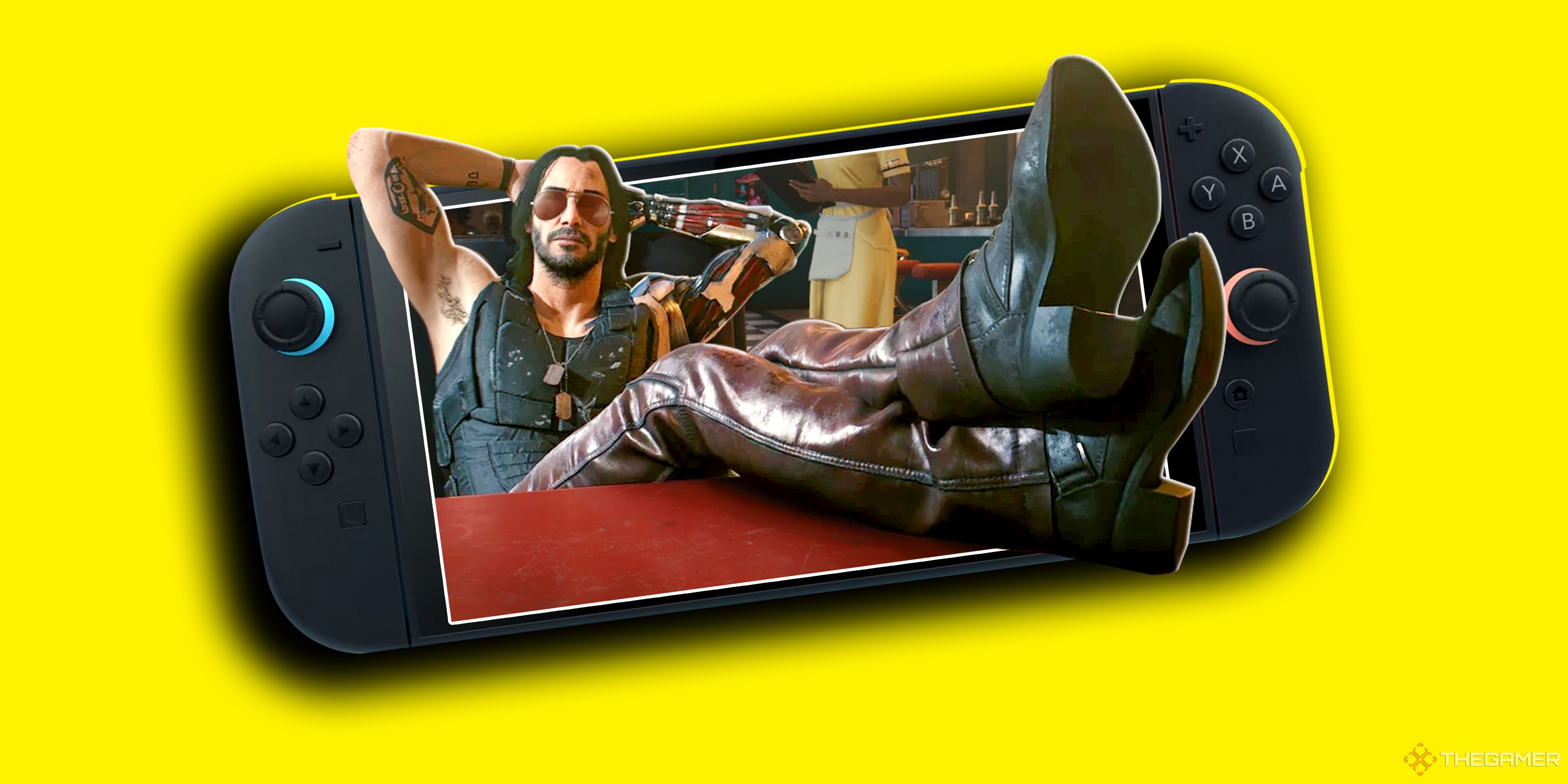 A Nintendo Switch 2 shows Johnny Silverhand reclining in a diner booth with his boots up and arms crossed behind his head.