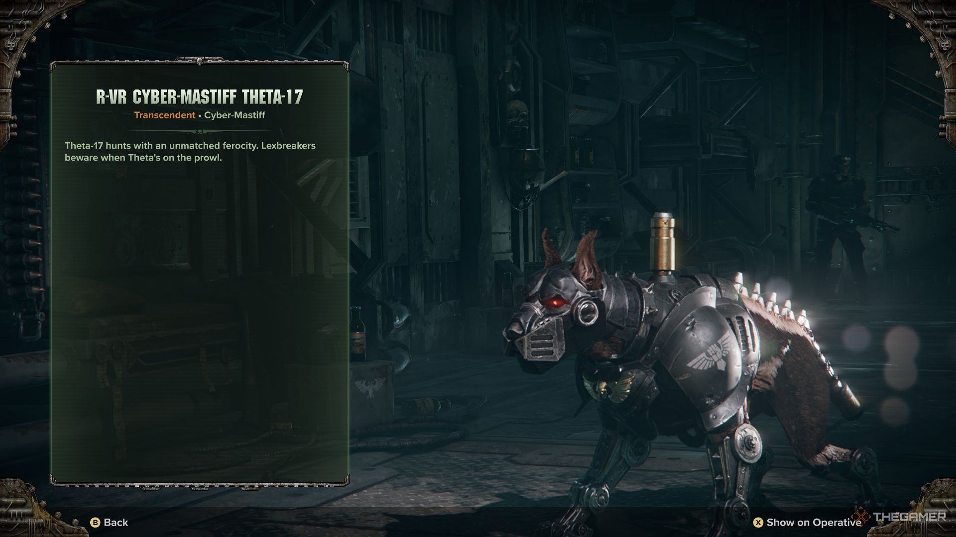 A Cyber-Mastiff skin in the menu of Warhammer 40,000: Darktide.