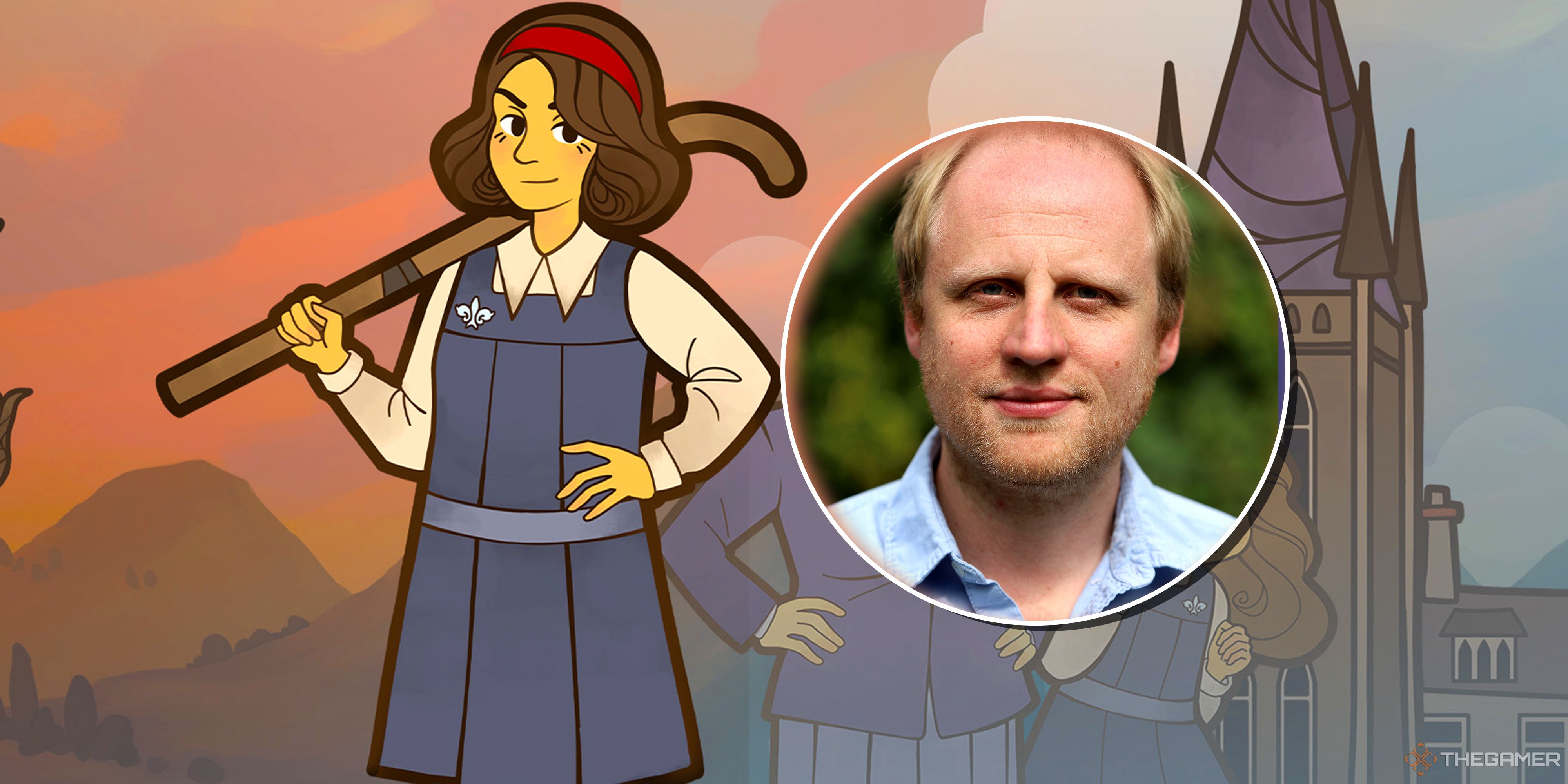 Verity Amersham from Expelled! holds a hockey stick in the game's key art next to a pictture of narrative director Jon Ingold.