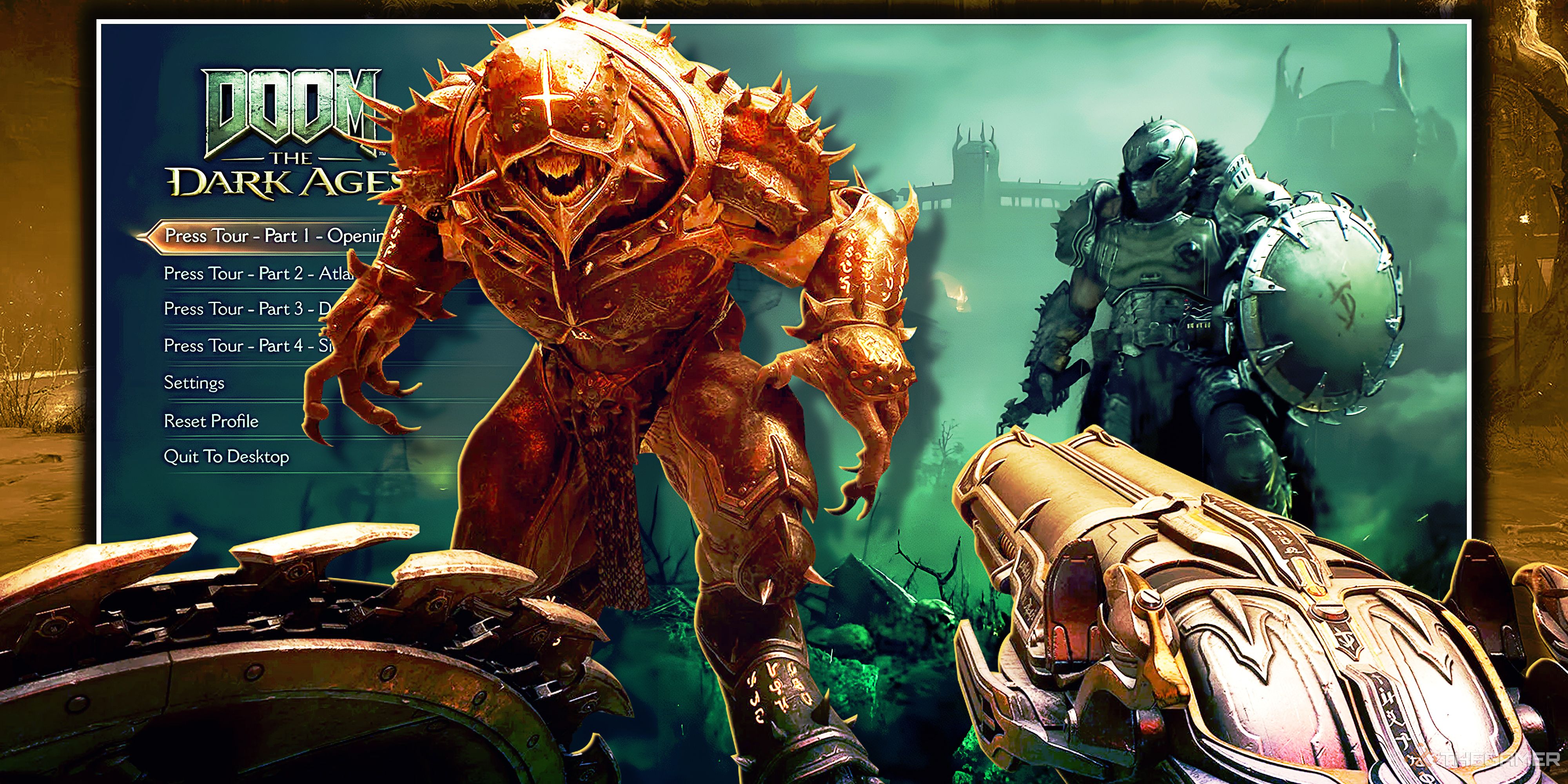 The Super Shotgun in Doom: The Dark Ages pointing at a demon with the main menu in the background.