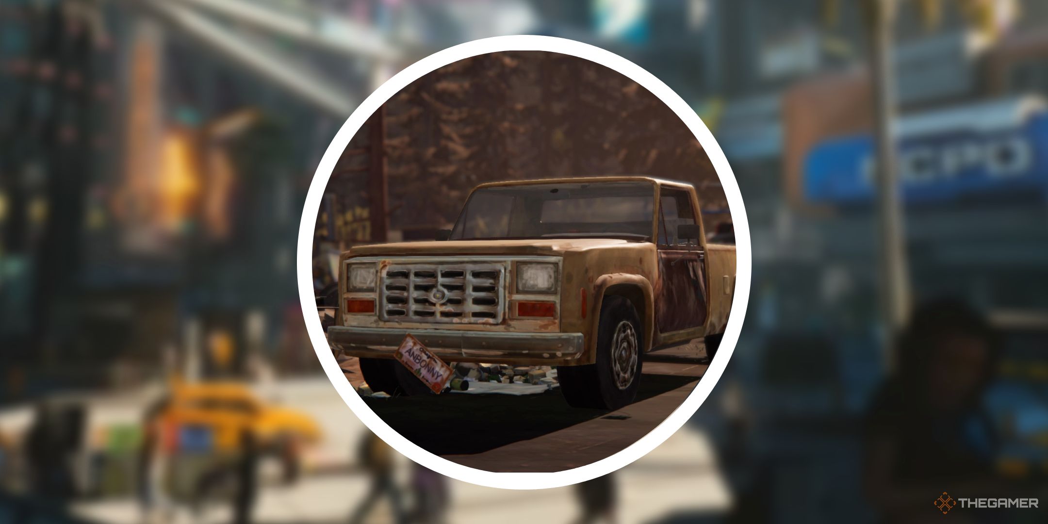 A blurry background from Cyberpunk 2077 with a PNG of Chloe's truck from Life is Strange.
