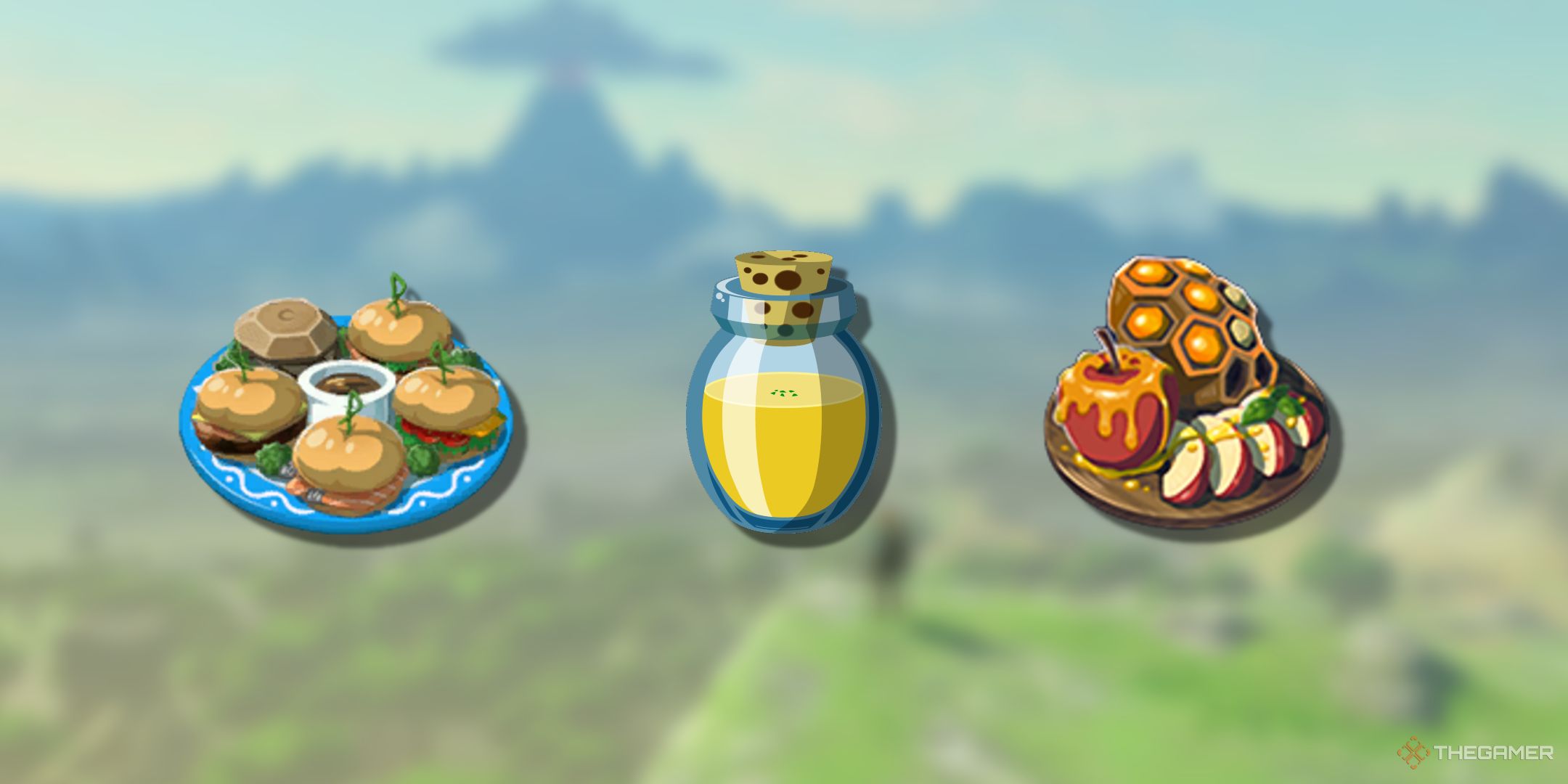 A blurry Breath of the Wild background with PNGs of three food dishes.