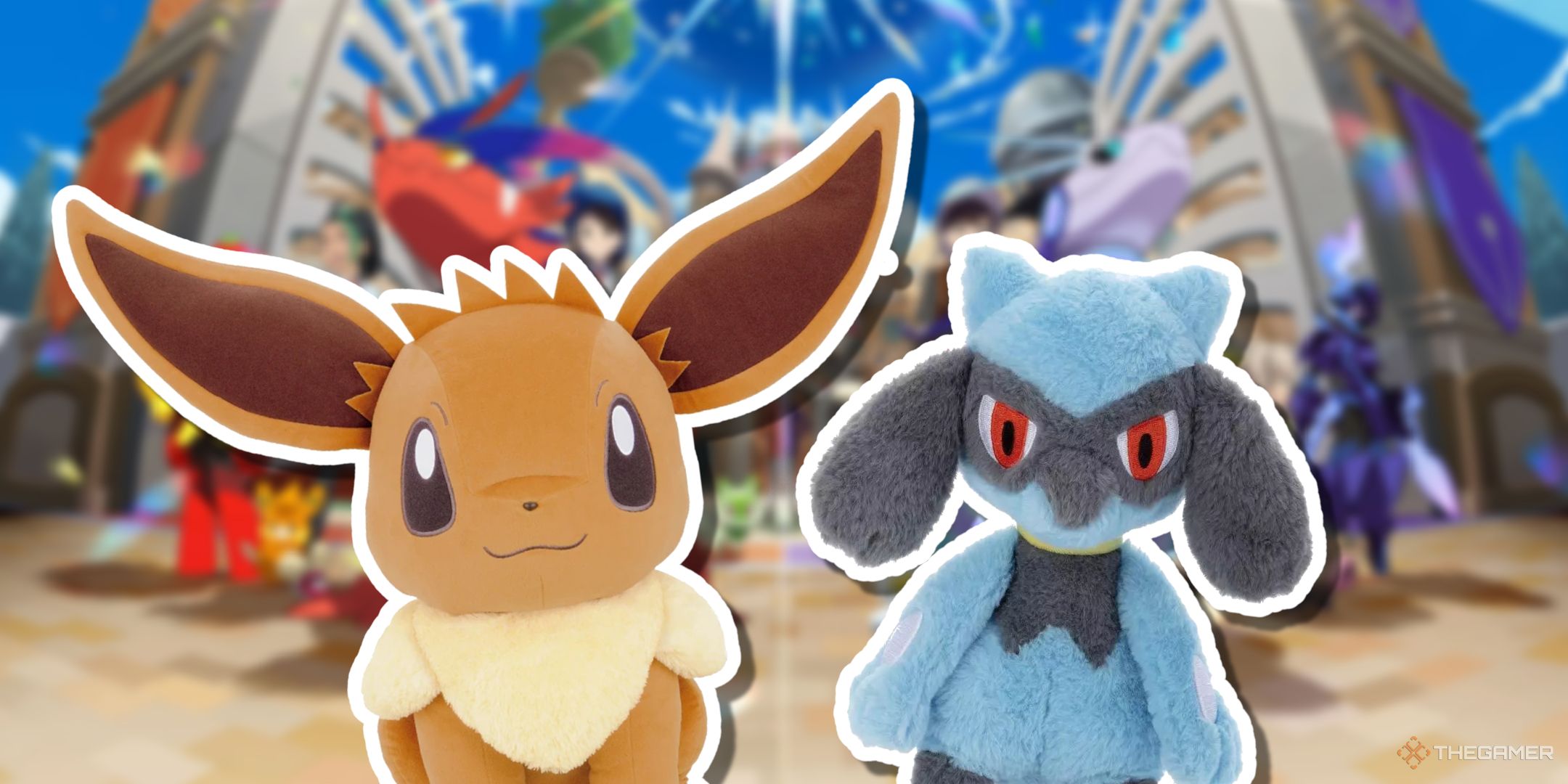 A blurry Pokemon background with PNGs of Eevee and Riolu.