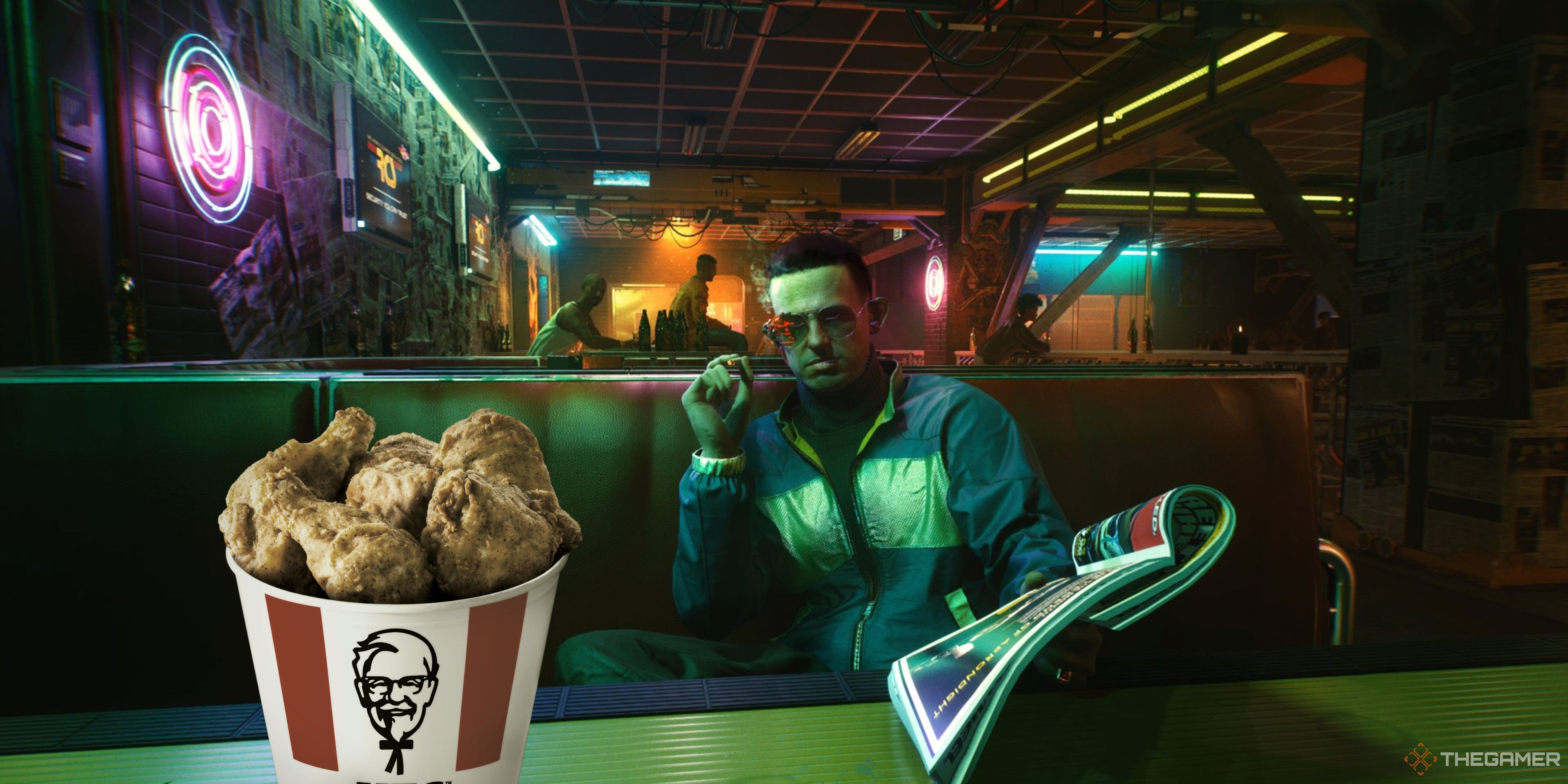 a bucket of kfc chicken in cyberpunk.