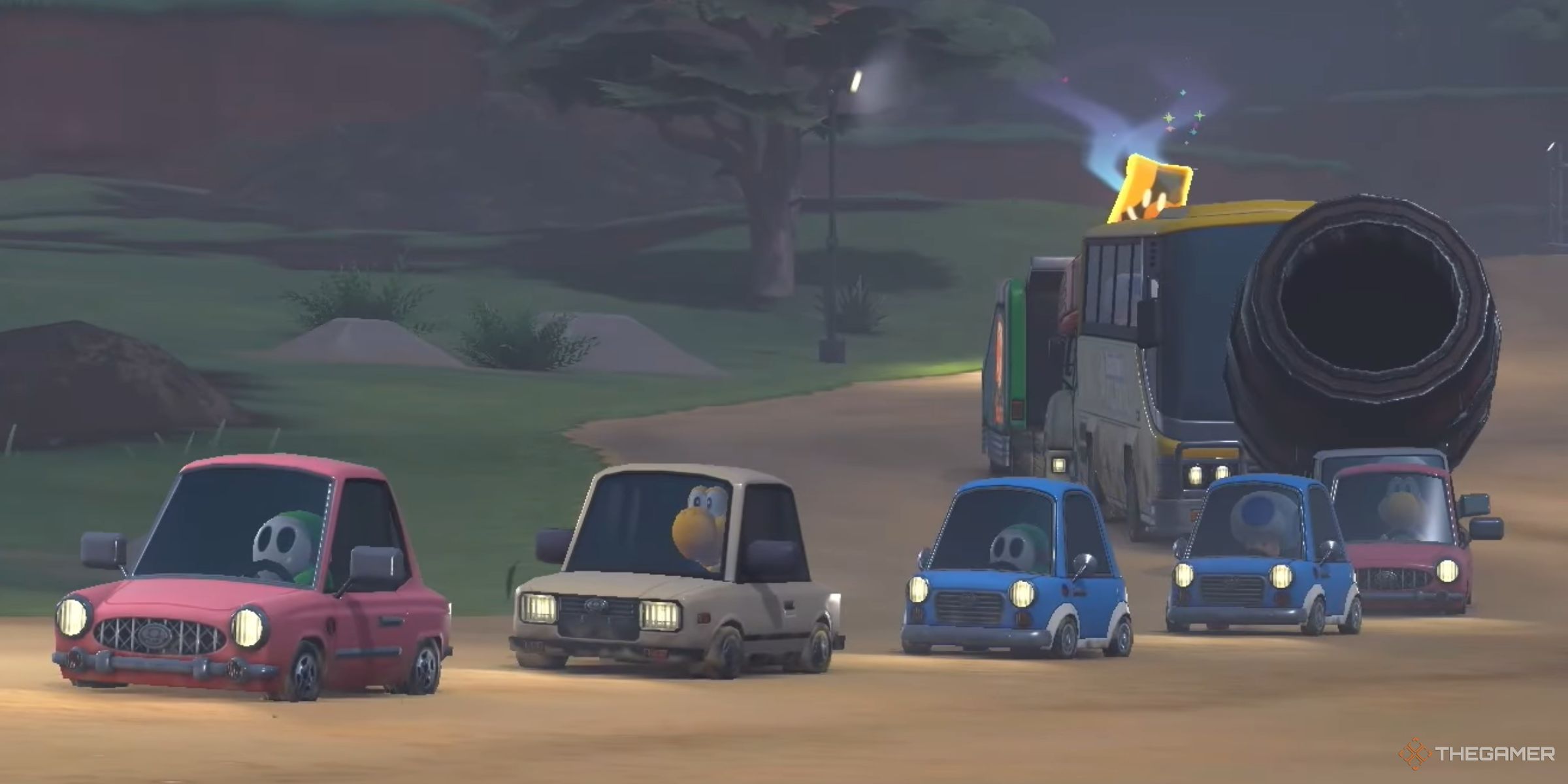 A bunch of NPC cars pilled up in a traffic jam caused by the player in Mario Kart World.
