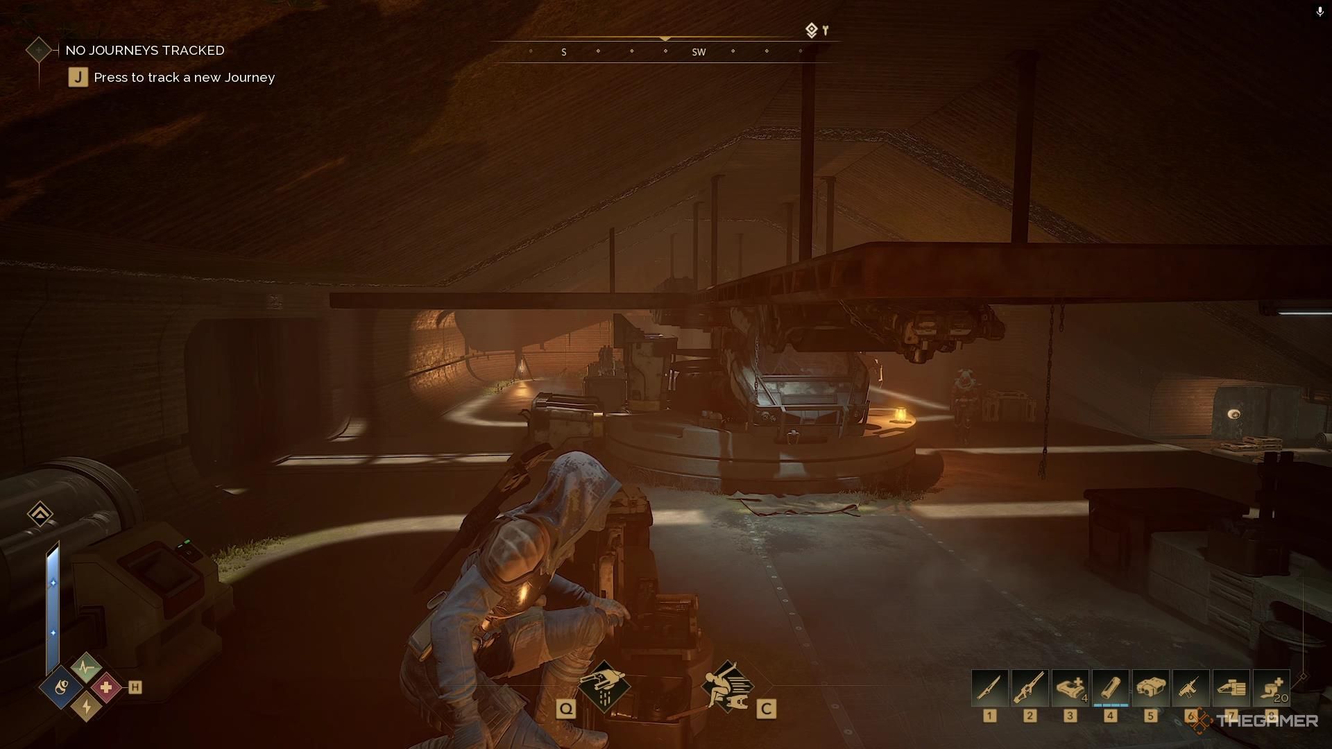A character crouches on top of a device in Dune Awakening.