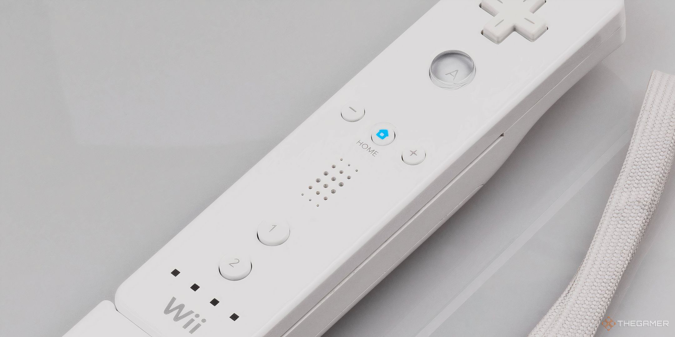 A close-up of the Wiimote featuring most of its buttons and functionality.