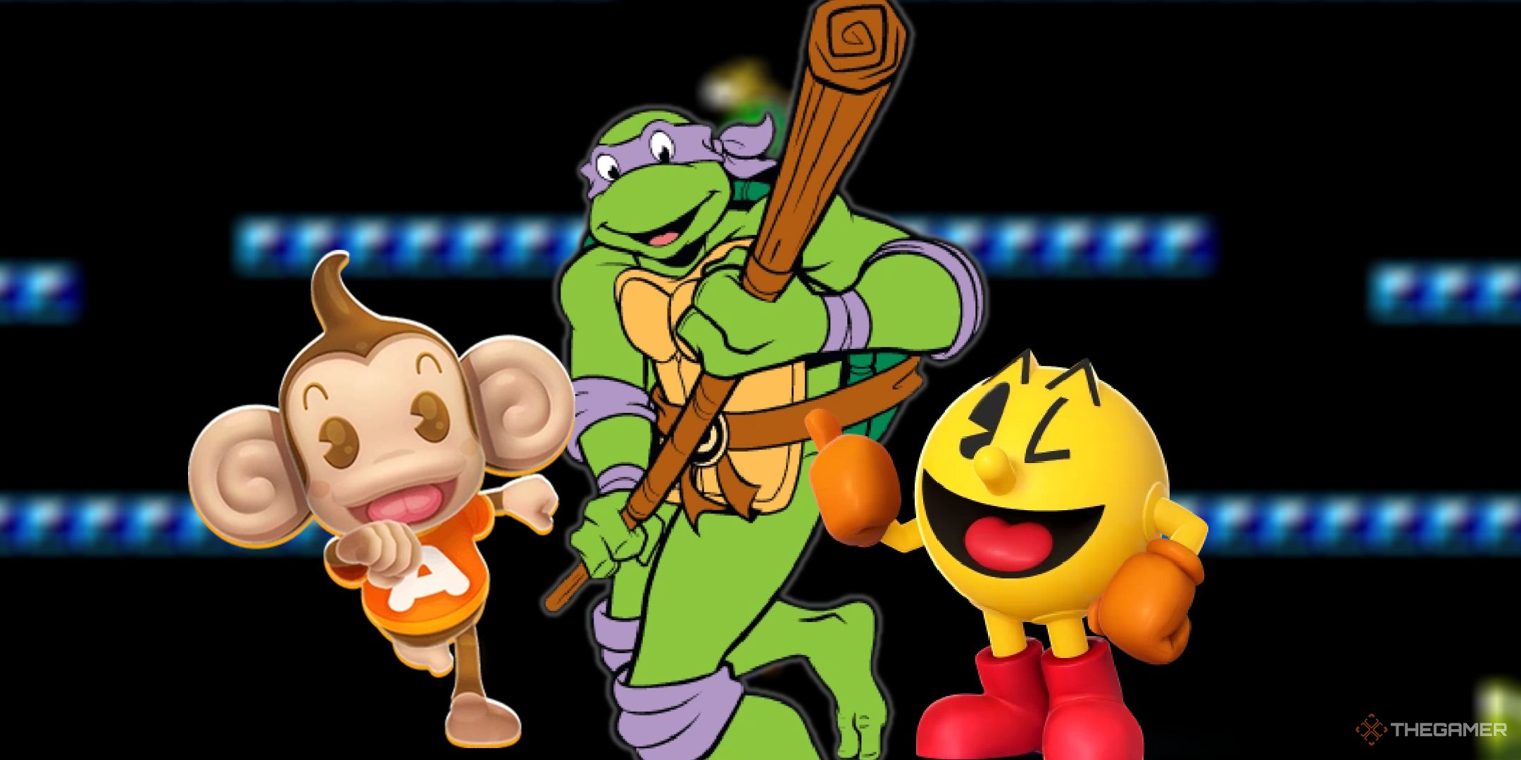 A collage of characters from arcade games such as Monkey Ball, Pac-Man, and Teenage Mutant Ninja Turtles.