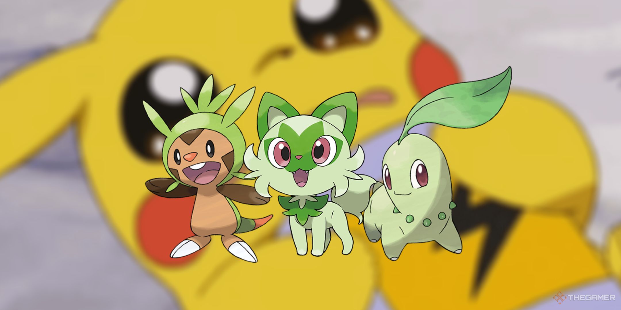 A collage of Grass-type starter Pokemon in front of a blurred out picture of a crying Pikachu.