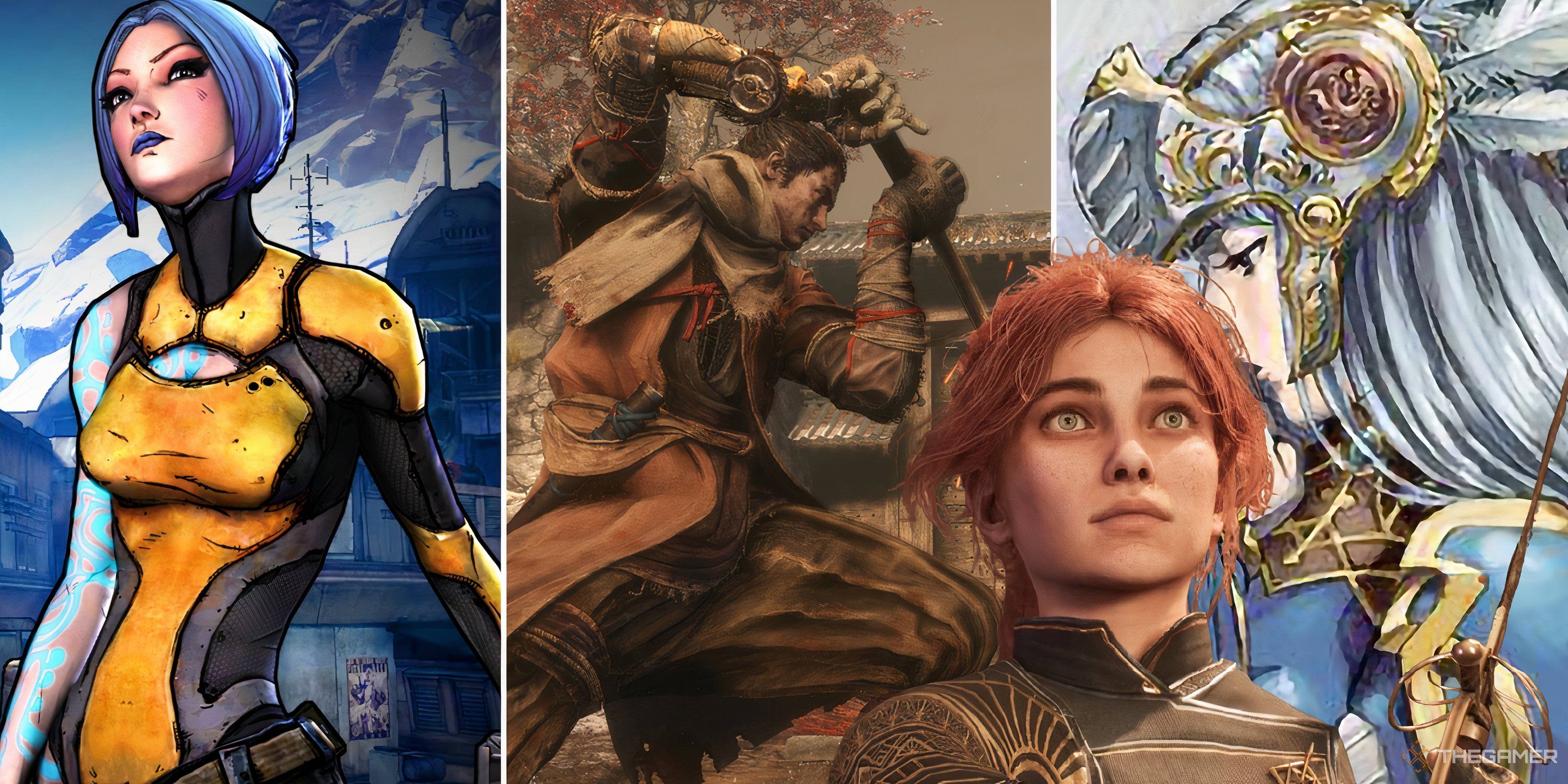 A collage of Maya from Borderlands, Sekiro, and Lenneth from Valkyrie Profile with Maelle from Clair Obscur overlaid.