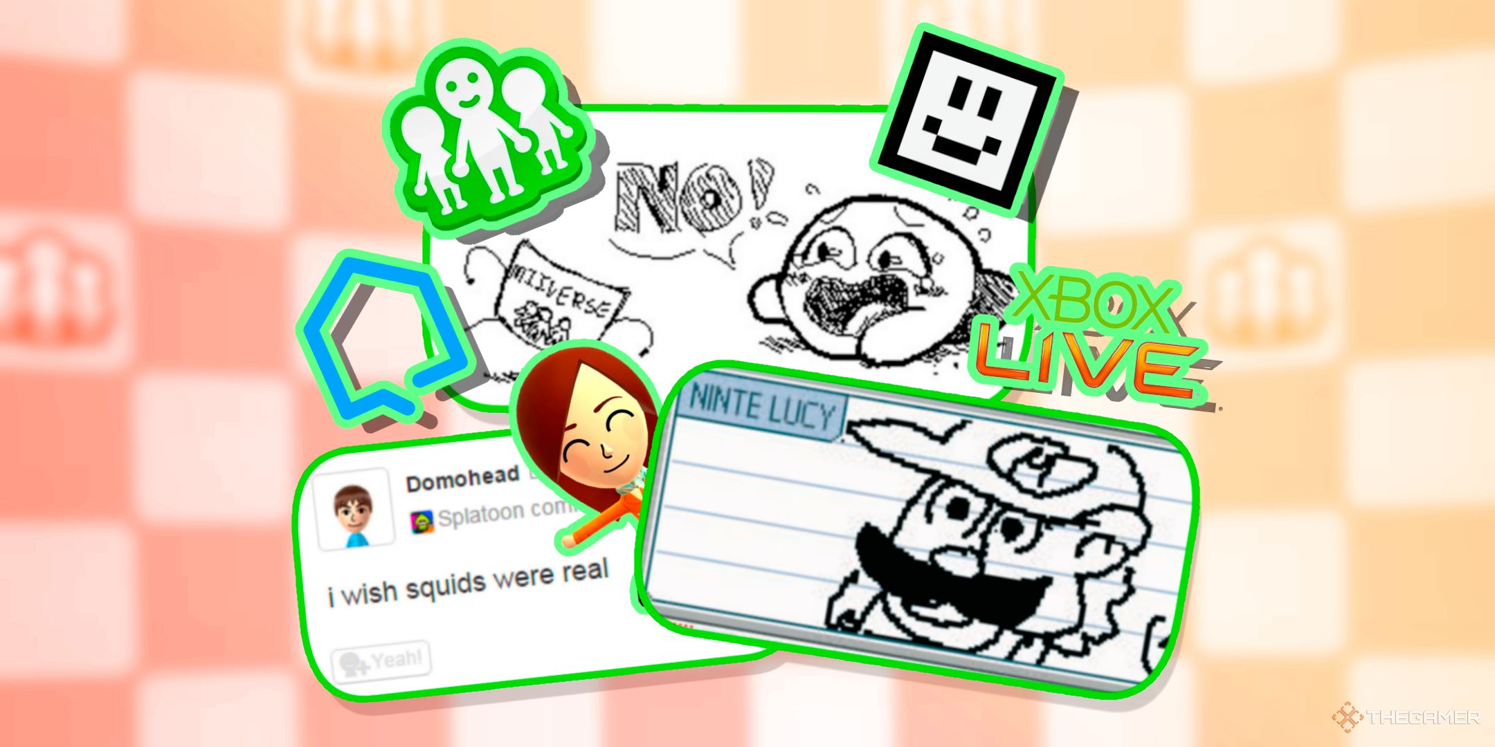 A group of two Miiverse posts alongside a PictoChat message surrounded by the logos for PlayStation Home, Miiverse, PictoChat and Xbox Live.