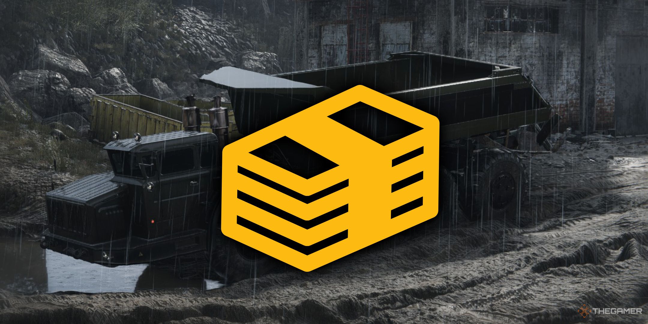 A heavy dump truck in RoadCraft stuck in the mud with a large icon of money overlayed on top of it.