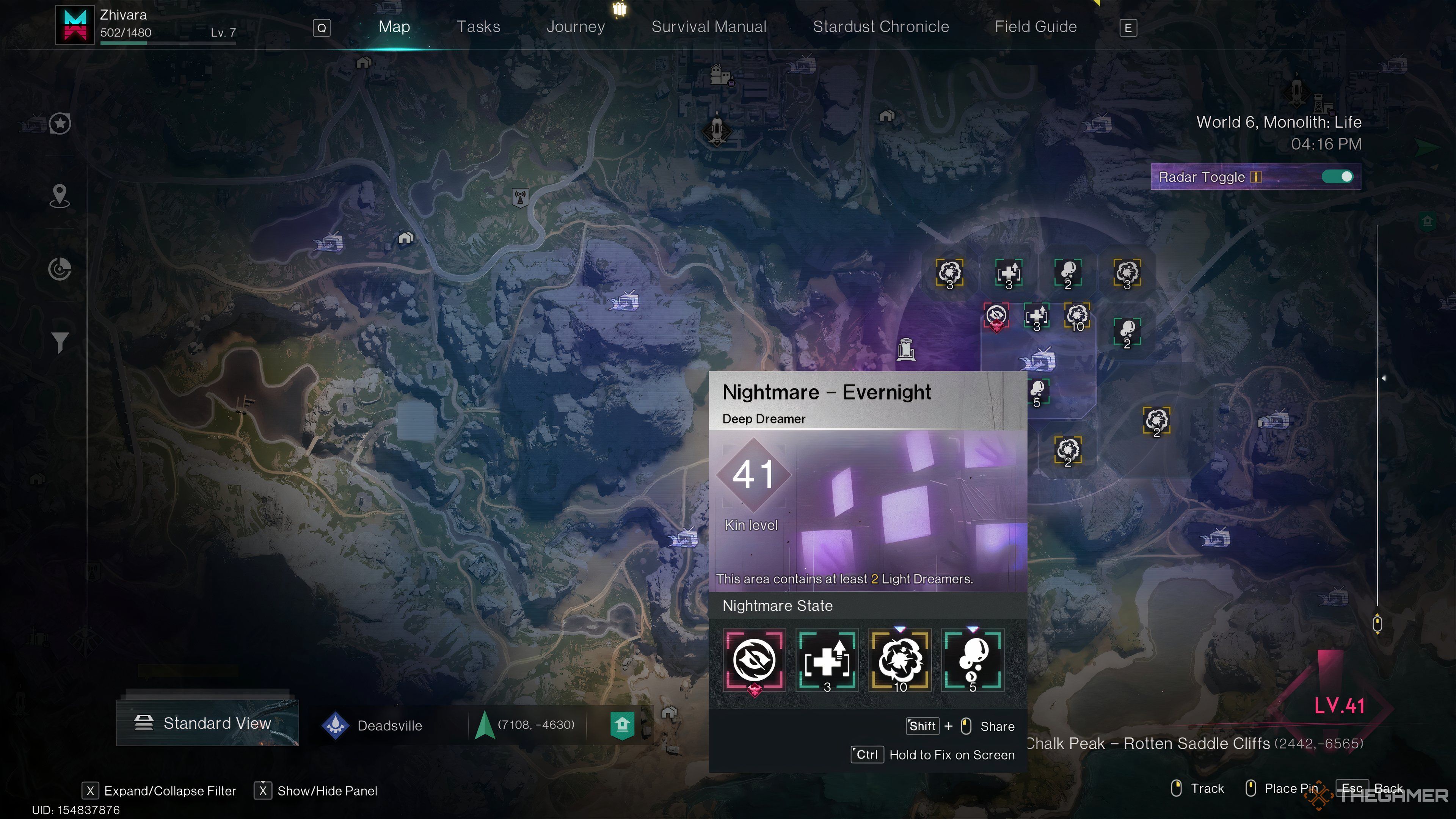 A Nightmare - Evernight Window on the Map of a Deep Dreamer inside a Dream Zone that shows all the buffs it has.