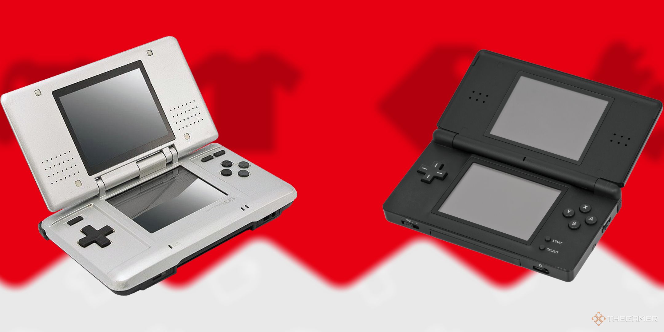 A Nintendo DS and a Nintendo DS Lite side by side.