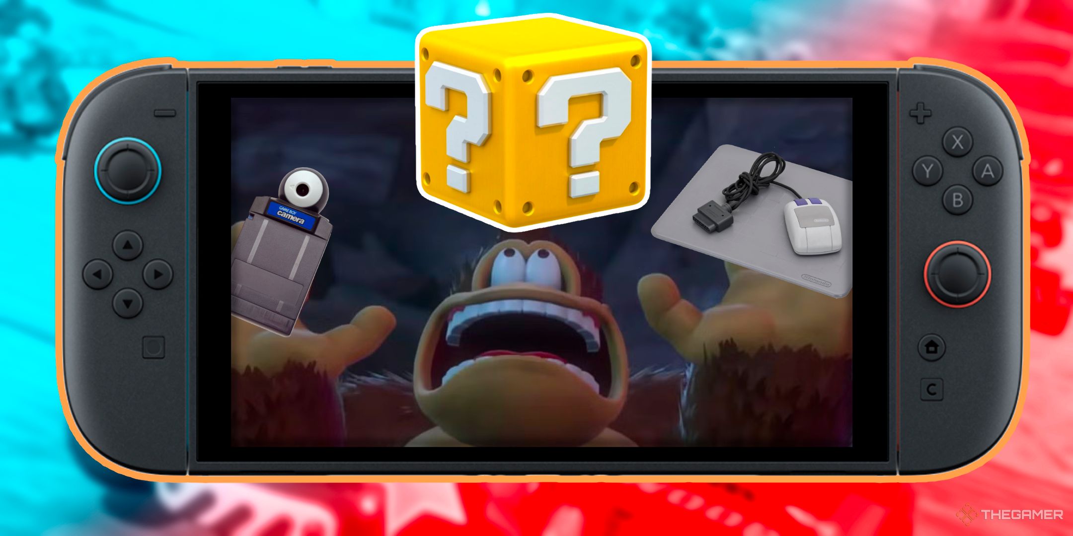 A Nintendo Switch 2 with Donkey Kong looking shocked while holding a Game Boy Camera cartridge and a SNES Mouse inside with a Question Mark block above it.