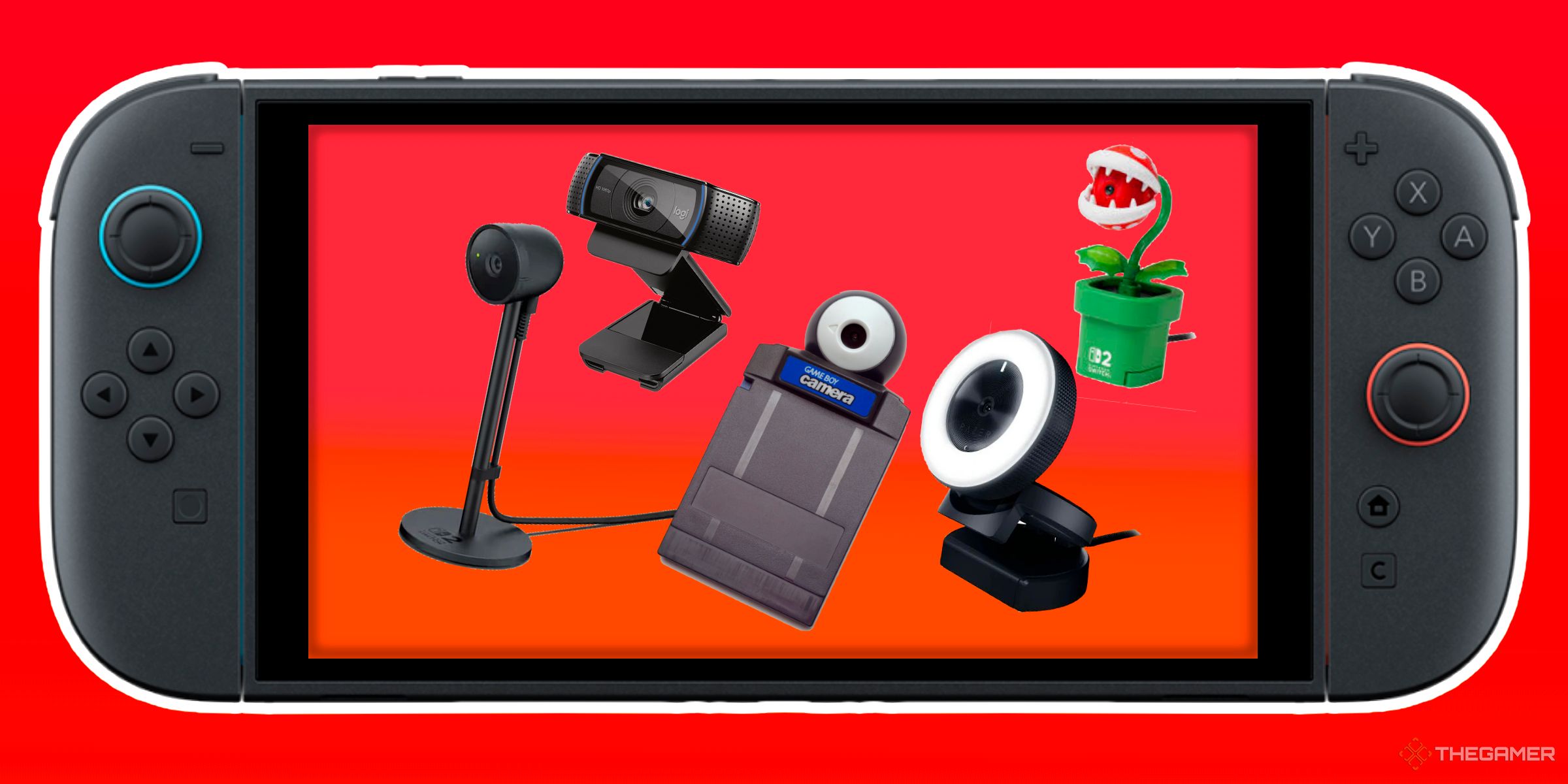 A Nintendo Switch 2 with various webcameras including the Game Boy Camera cartridge and the Hori Piranha Plant Camera inside of its screen.-1