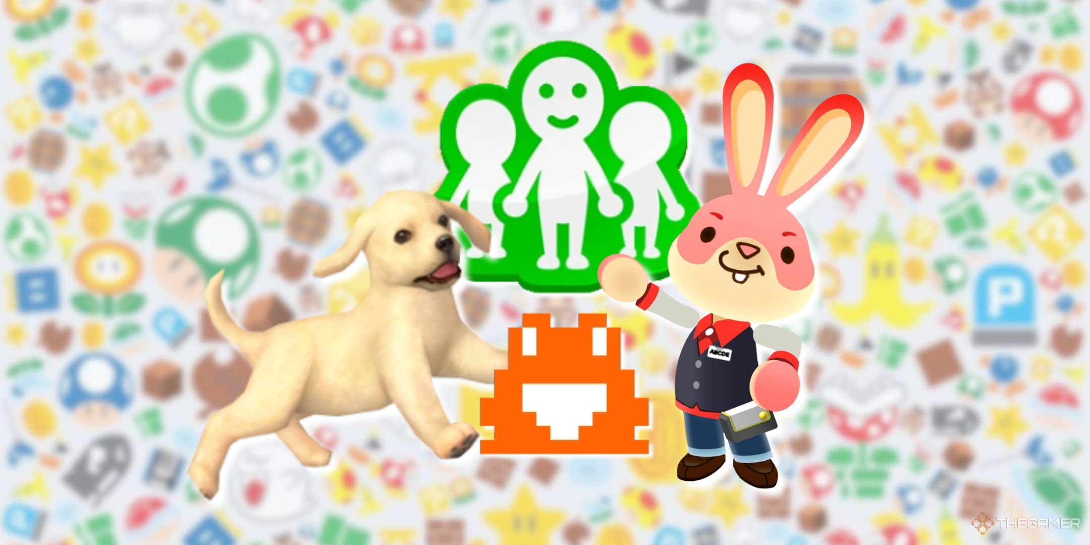 A Nintendog, the Miiverse logo, the Flipnote Studio frog, and Arcade Bunny on a patterned Mario background. (1)