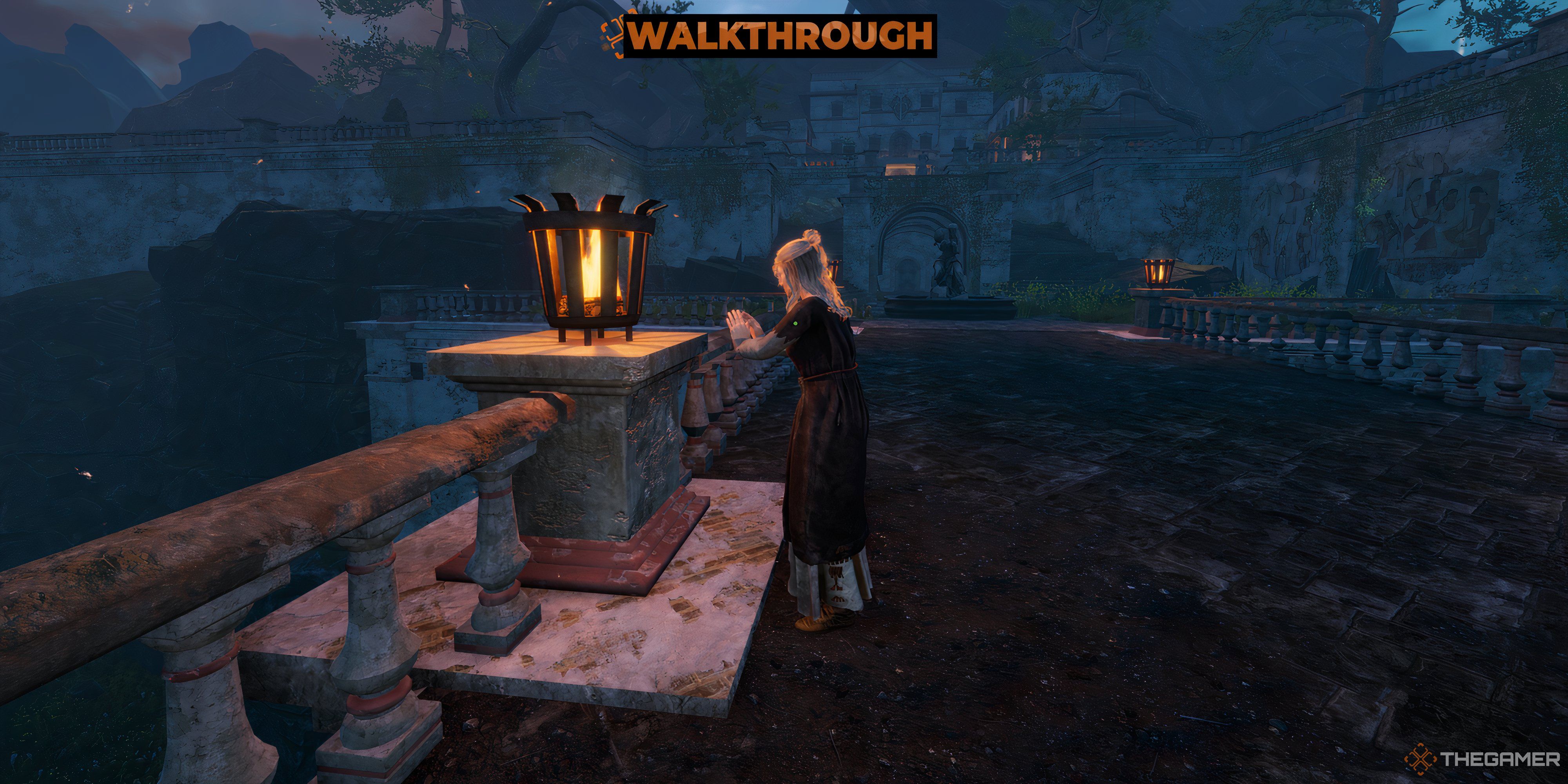 A picture of a Lady heating her hands at a torch - Tainted Grail The Fall Of Avalon