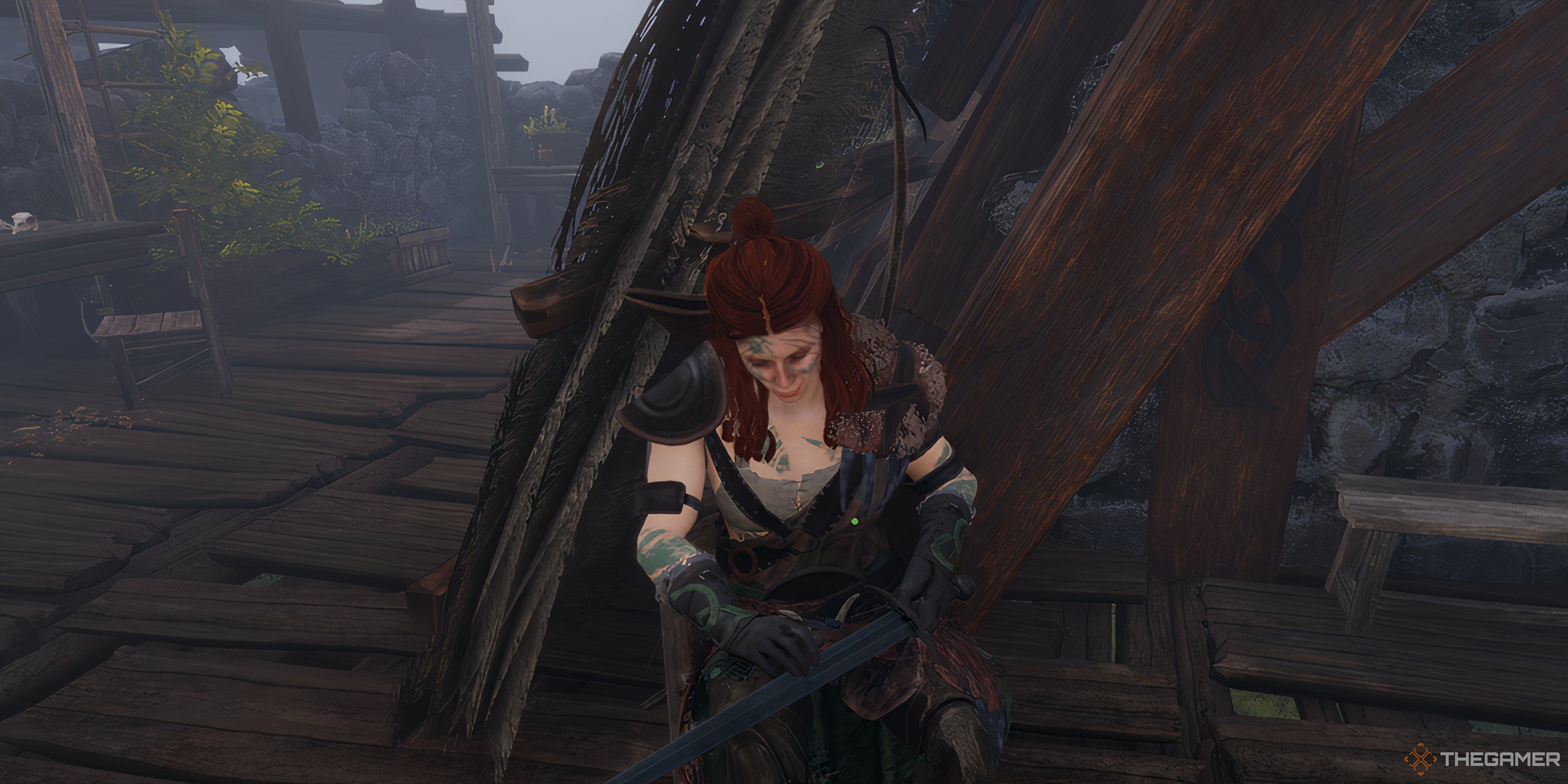 A picture of Vesna sitting sharpening her blade - Tainted Grail The Fall Of Avalon