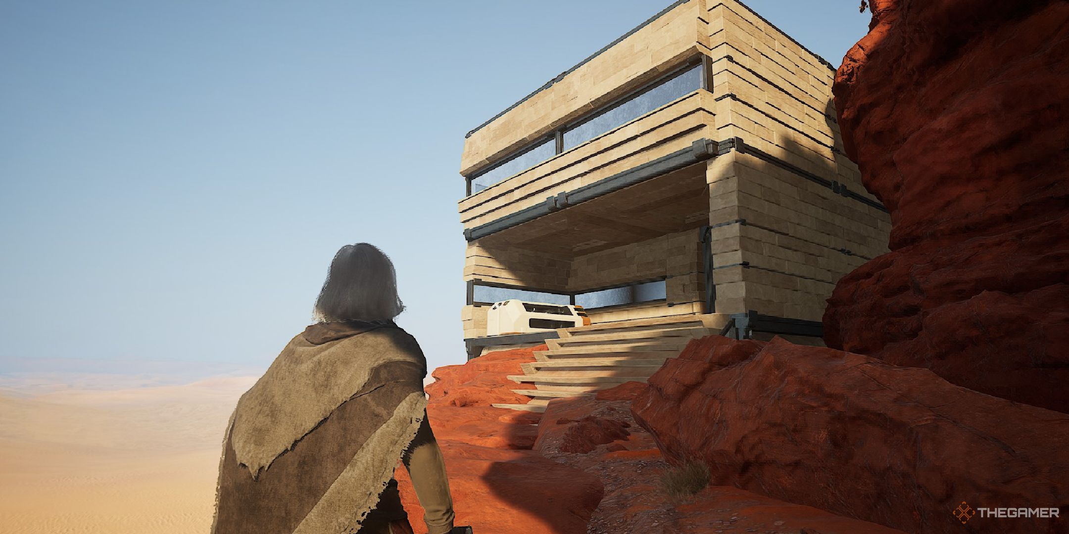 A player looking at their base in Dune Awakening.