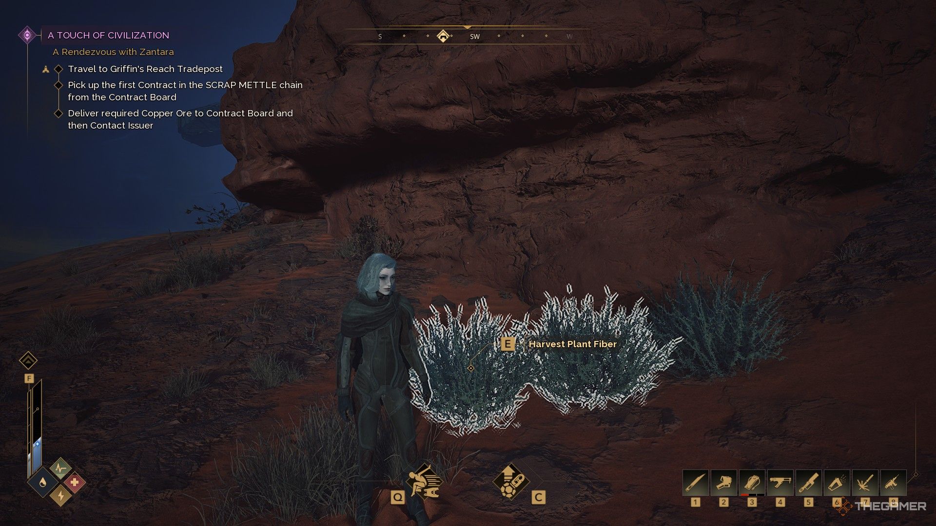 A player standing near plant fiber bushes in Dune Awakening.