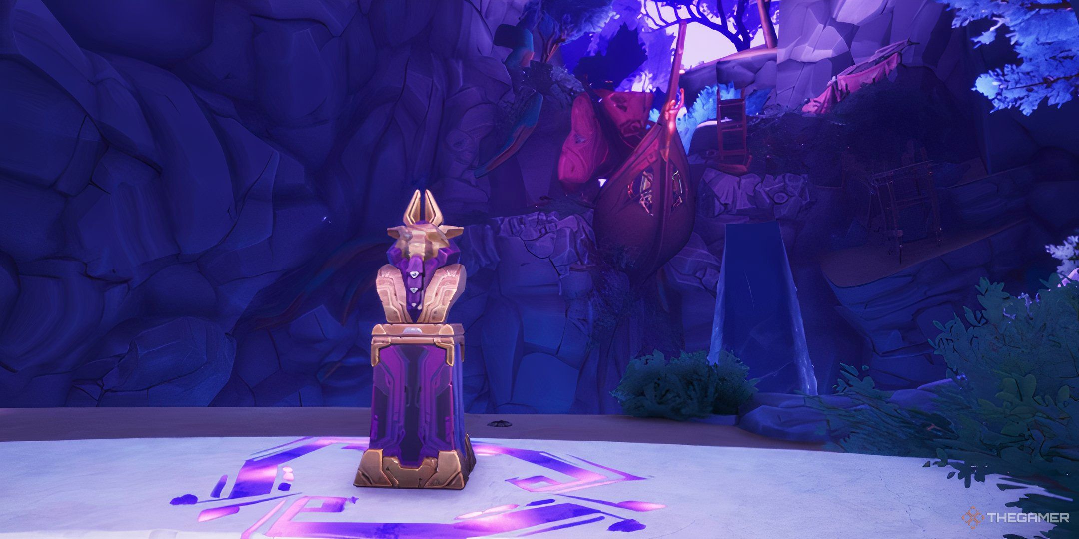 A Prismbeard Statue With The Shipwreck In The Background In Palia.