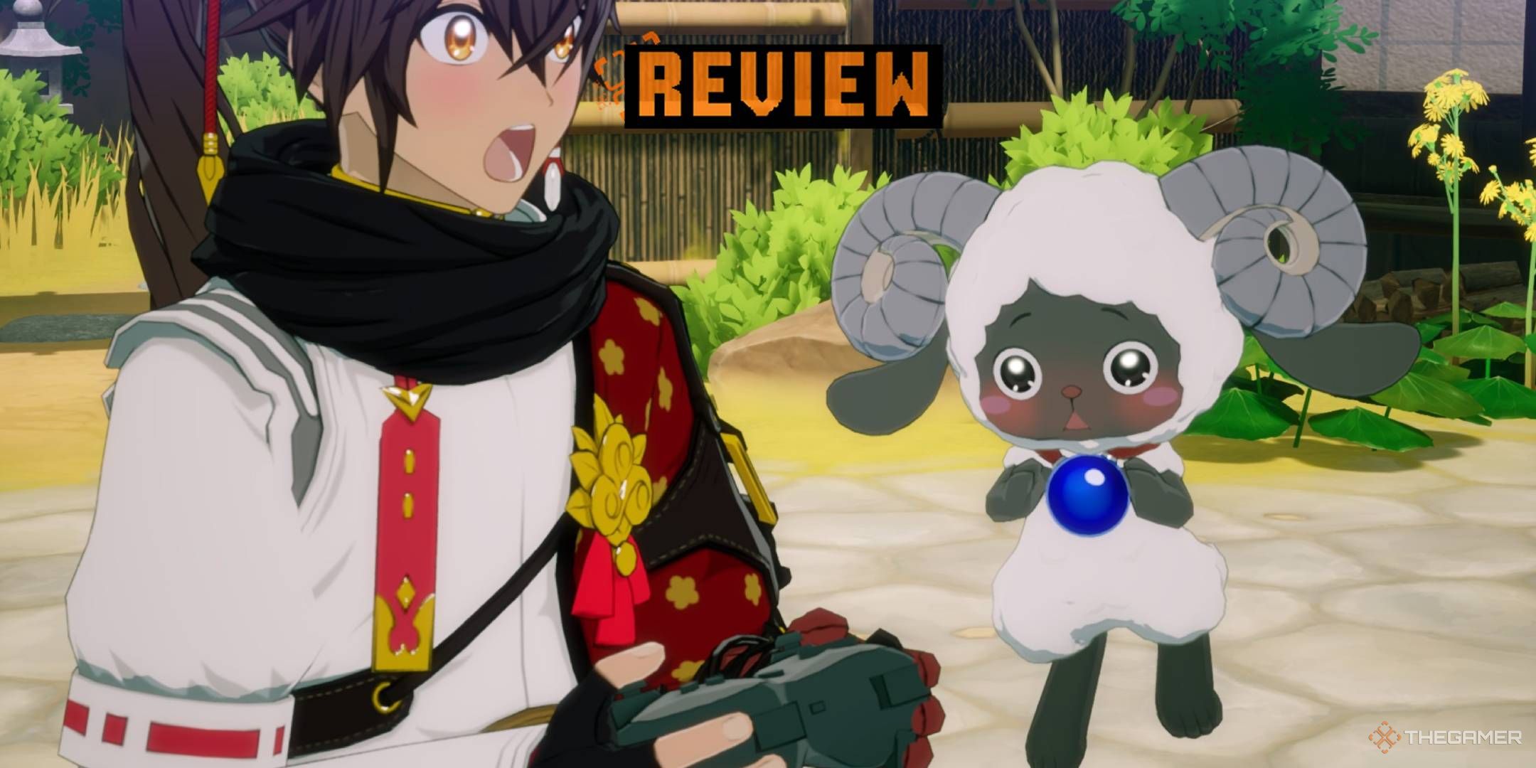 A review card for Rune Factory Guardians of Azuma featuring the male protagonist holding a game controller and Woolby floating nearby.
