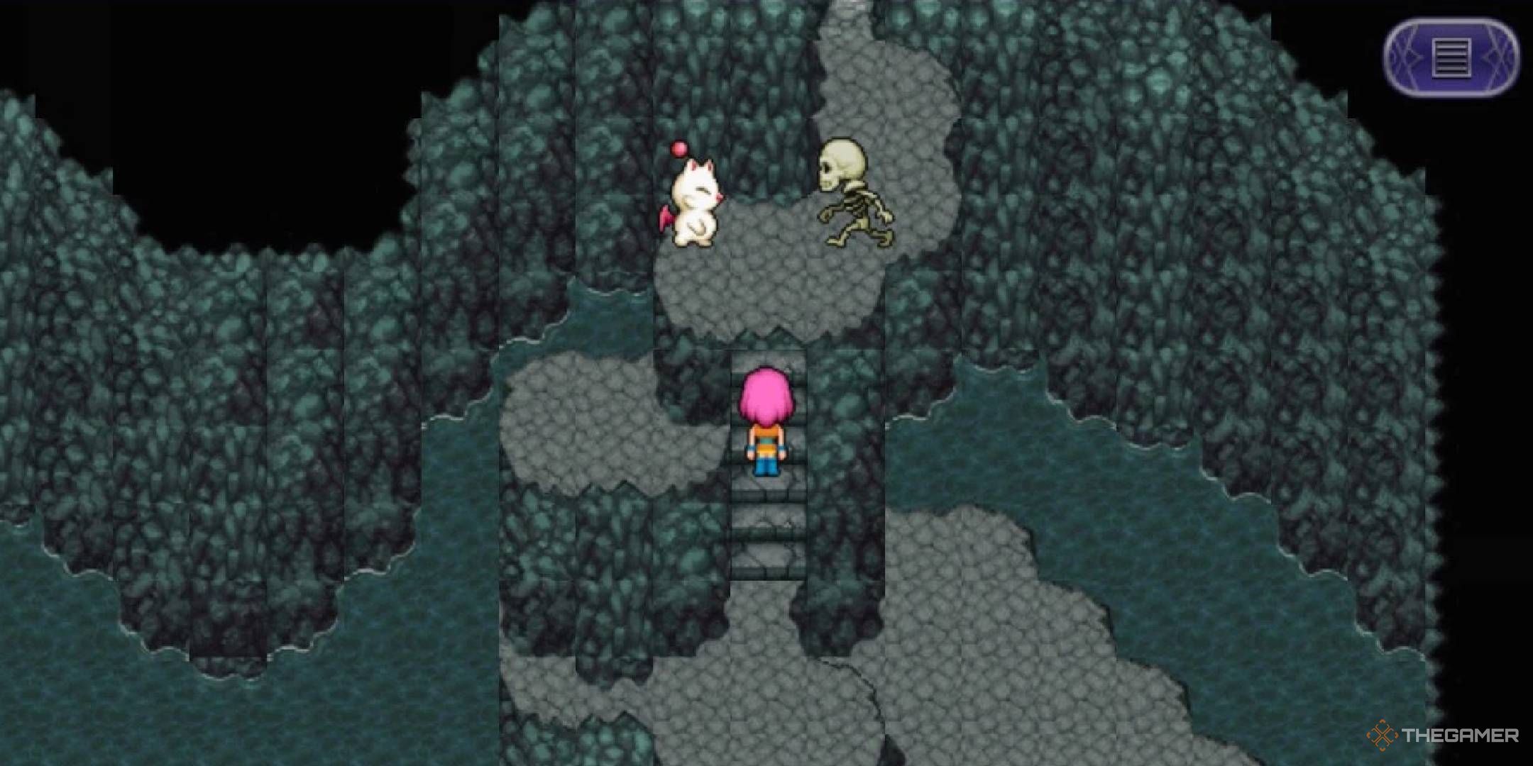 A skeleton attacks a moogle in the Underground Waterway in Final Fantasy 5.